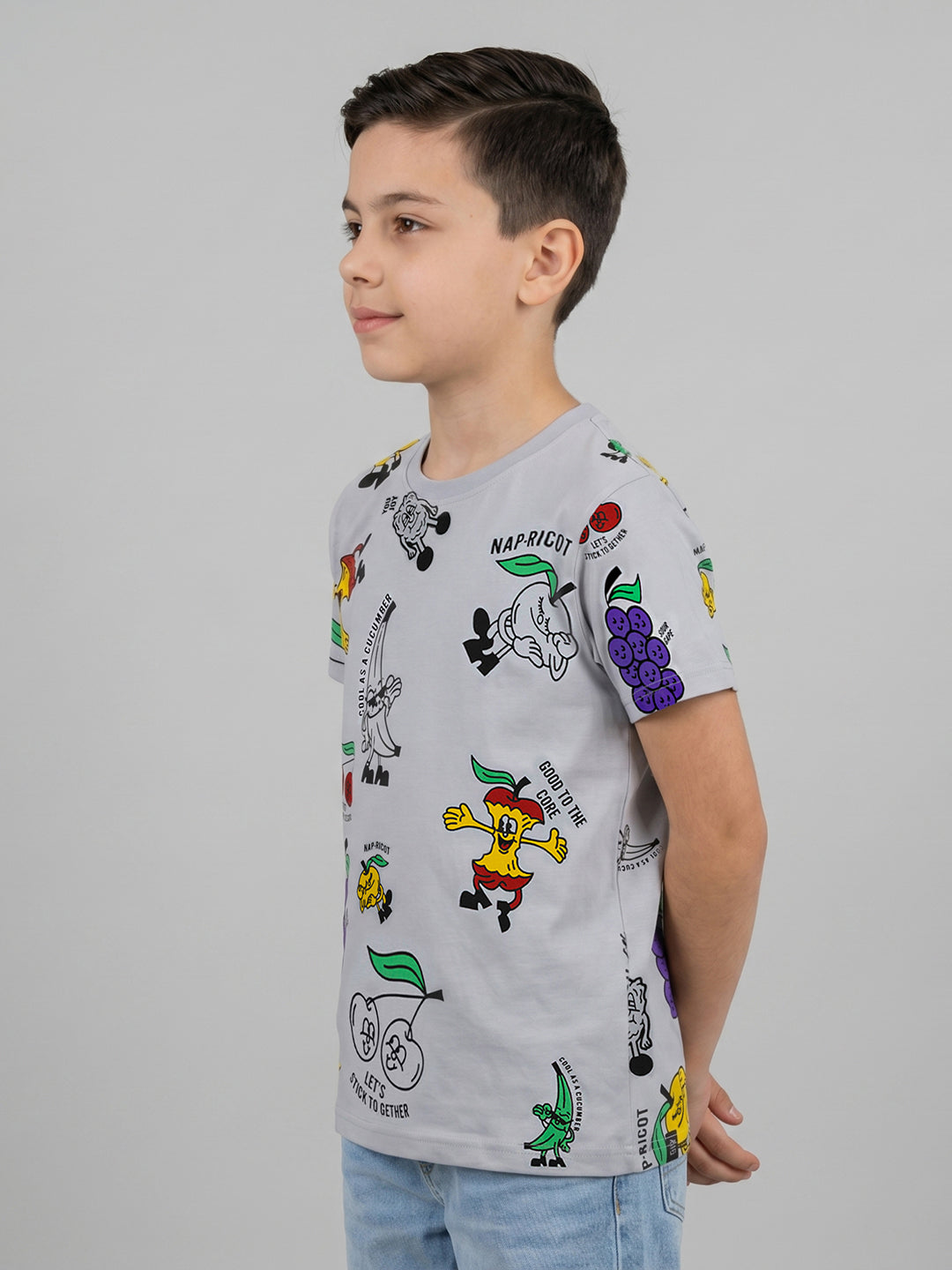 Boys Grey Printed Round Neck Half Sleeve T-Shirt