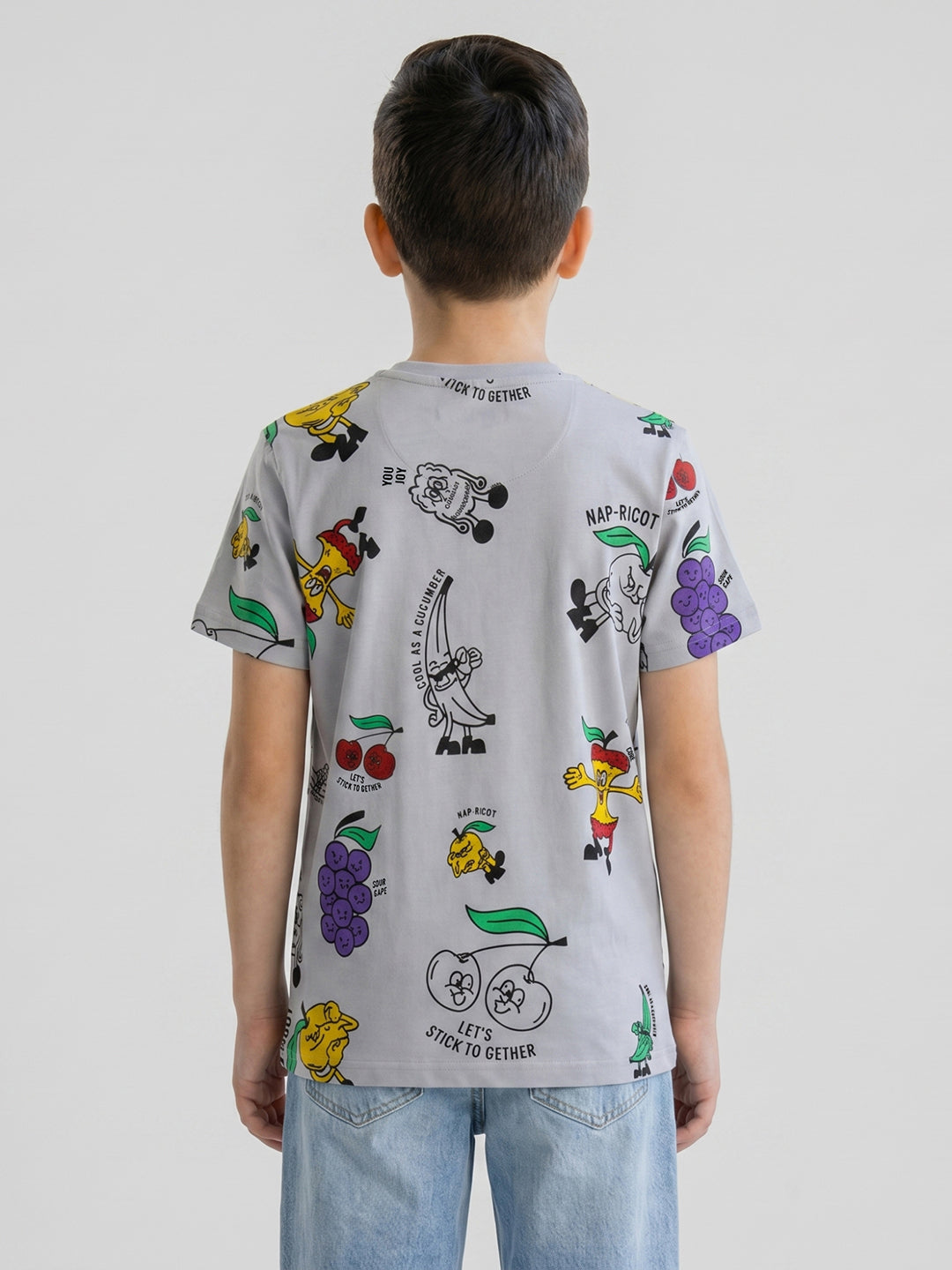 Boys Grey Printed Round Neck Half Sleeve T-Shirt