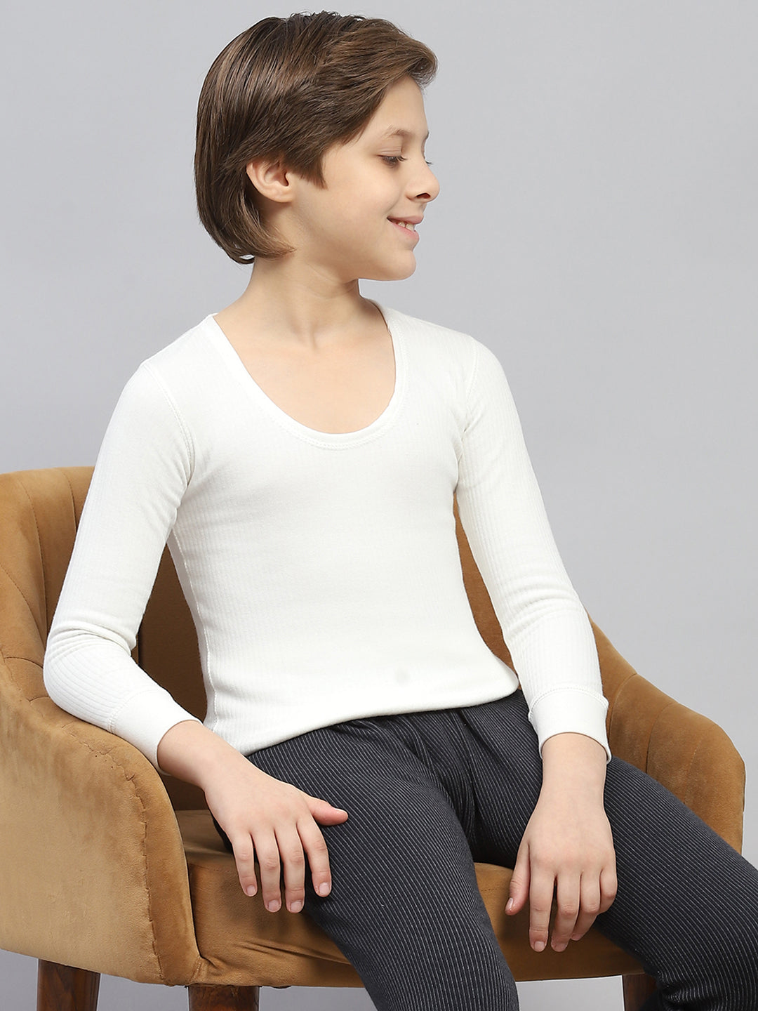 Boys Off White Solid Thermal Vest