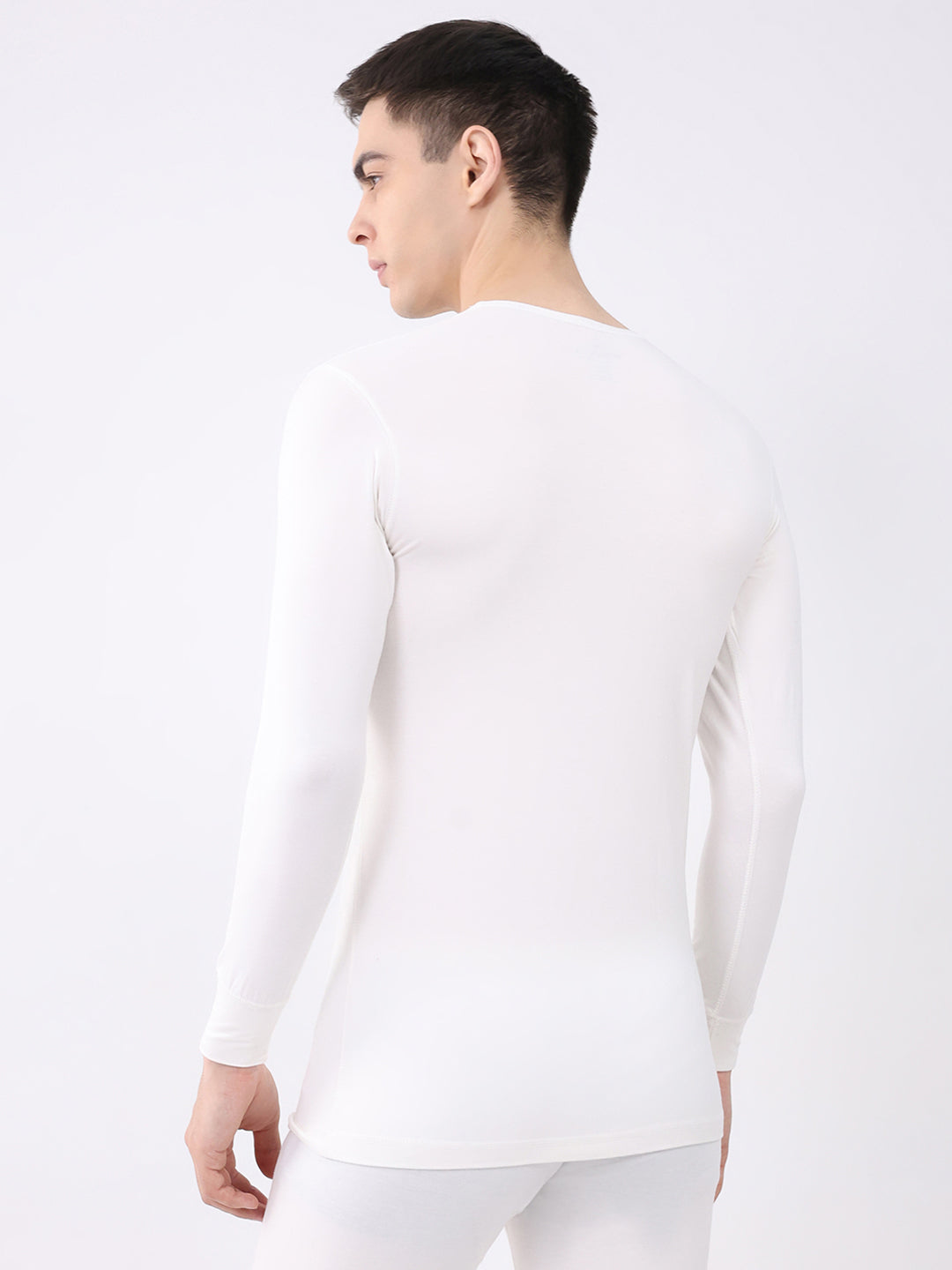 Men White Solid Round Neck Full Sleeve Thermal Vest