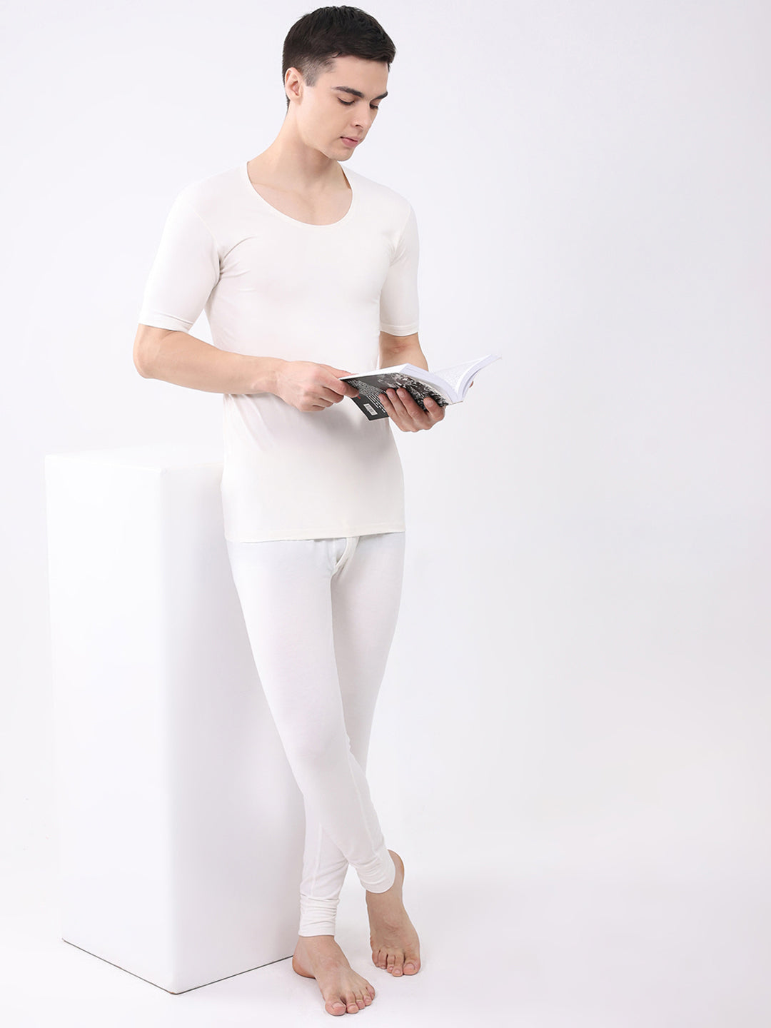 Men White Solid Thermal Lower