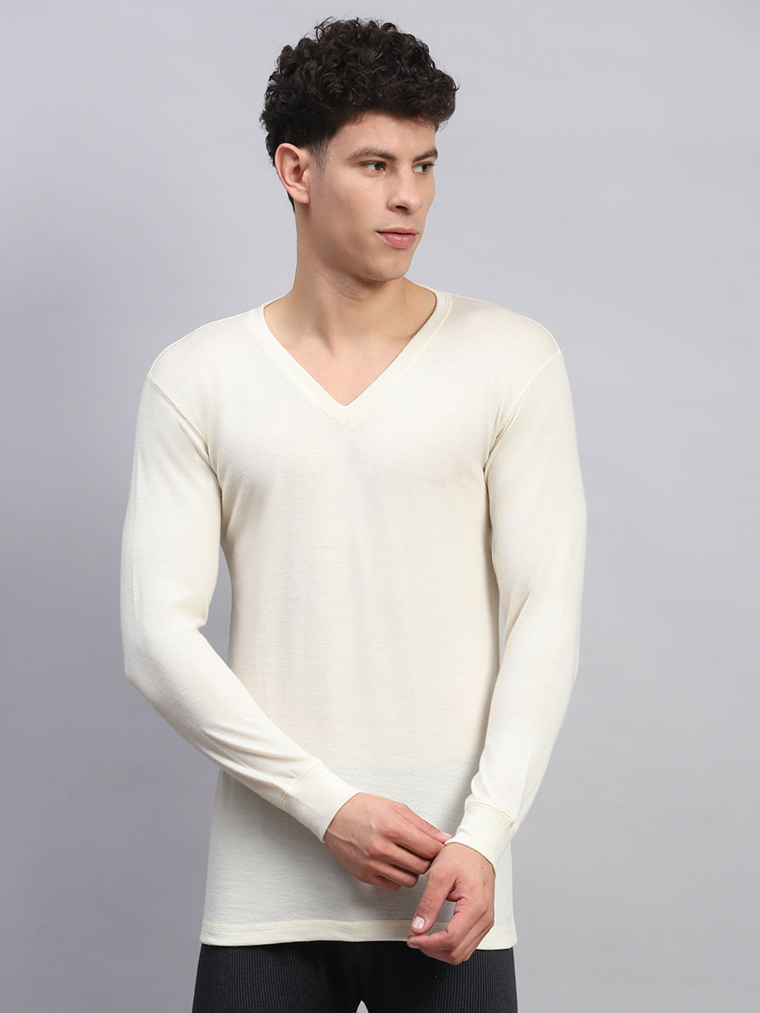 Men Cream Solid V Neck Full Sleeve Thermal Vest
