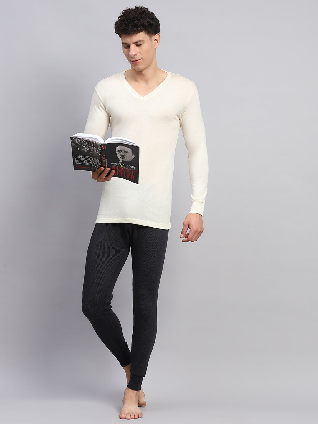 Men Cream Solid V Neck Full Sleeve Thermal Vest