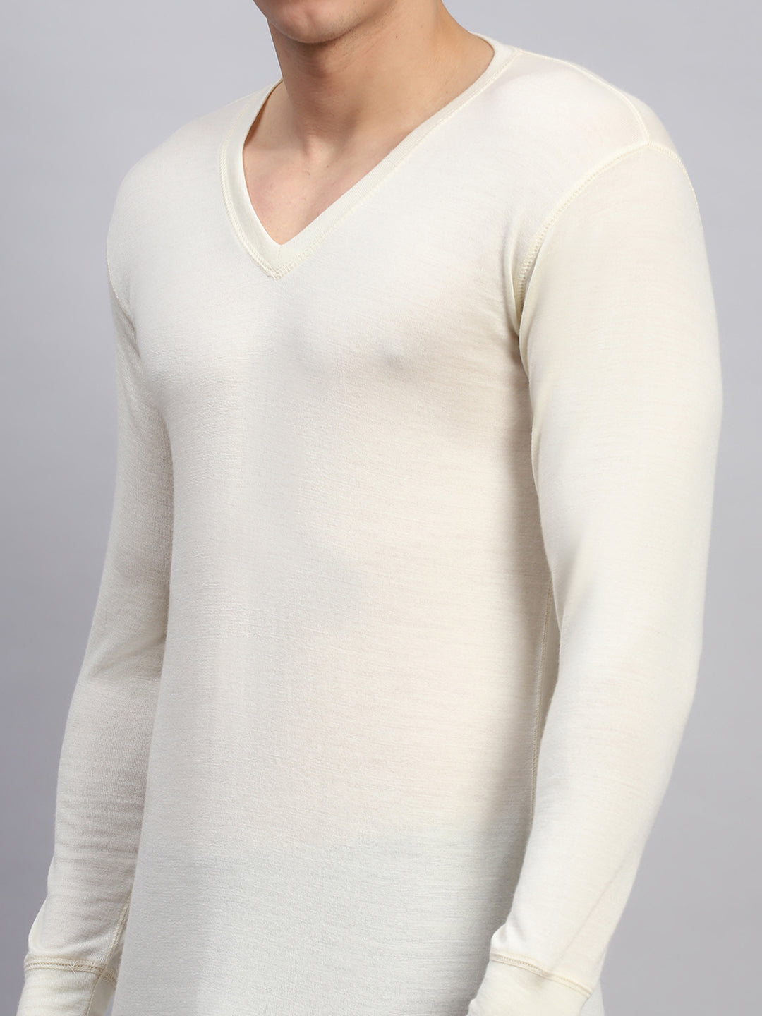 Men Cream Solid V Neck Full Sleeve Thermal Vest