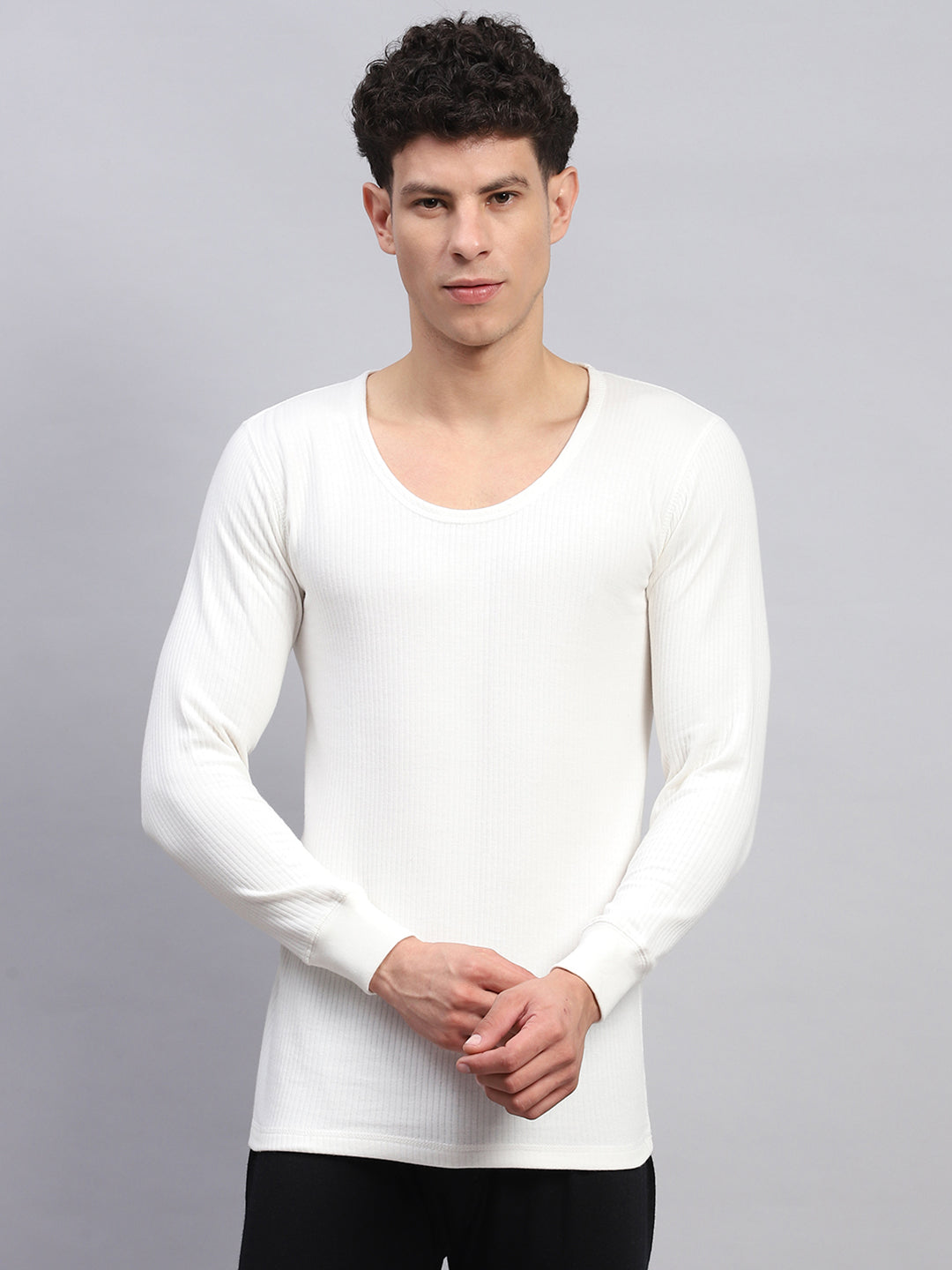 Men White Solid Round Neck Full Sleeve Thermal Vest