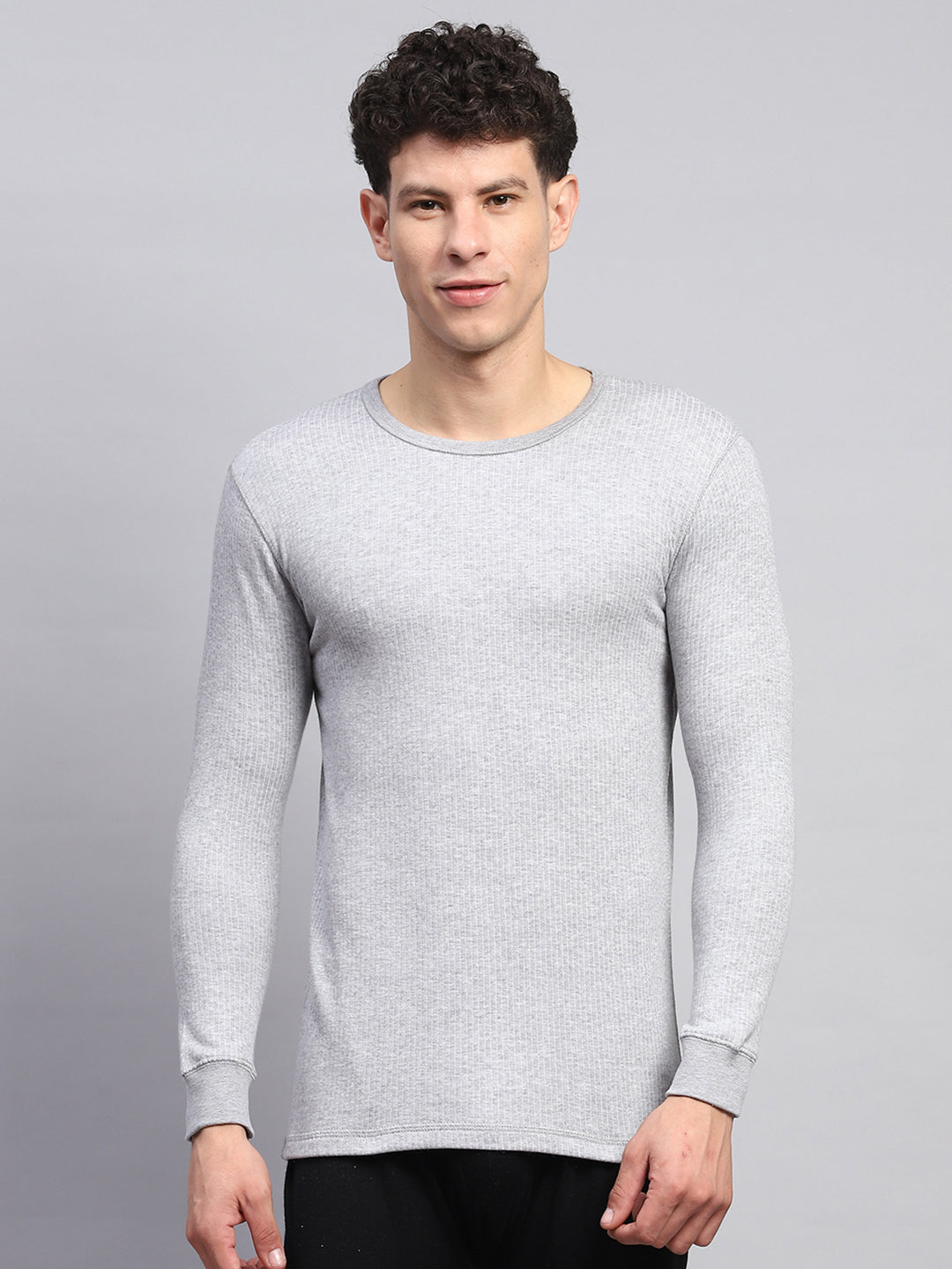 Men Grey Solid Round Neck Full Sleeve Thermal Vest