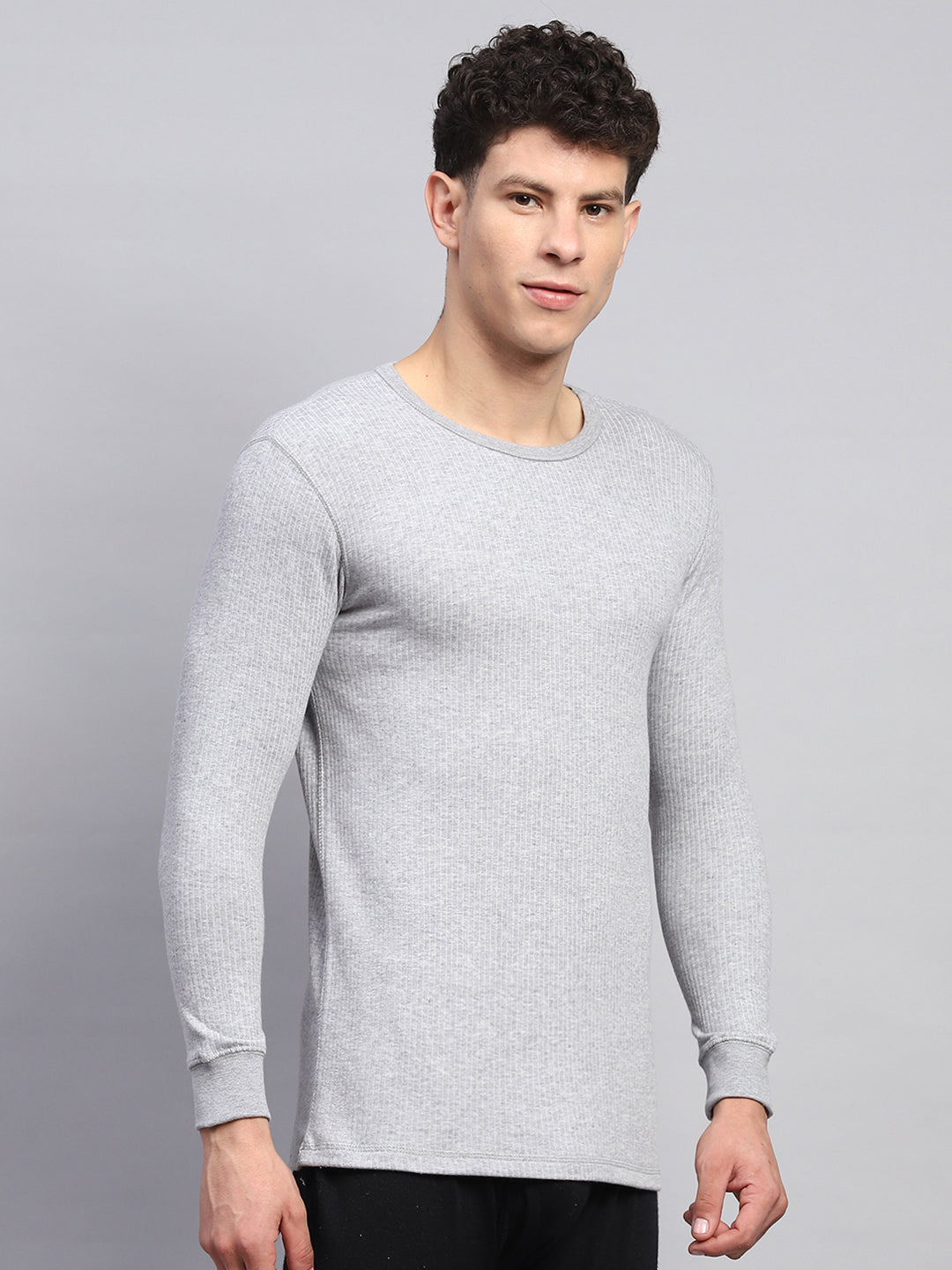 Men Grey Solid Round Neck Full Sleeve Thermal Vest