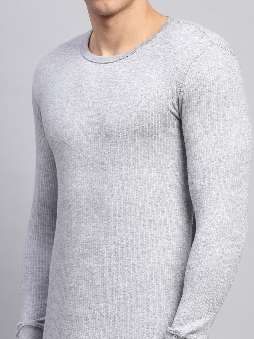 Men Grey Solid Round Neck Full Sleeve Thermal Vest