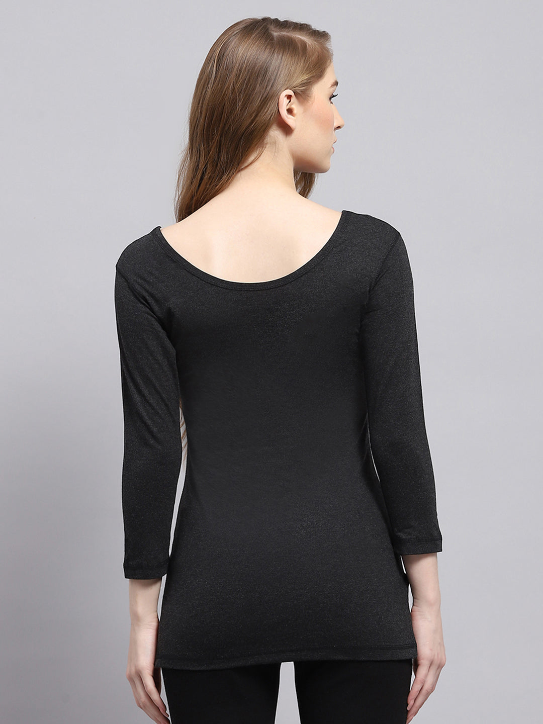 Women Black Solid Round Neck 3/4th Sleeve Thermal Vest