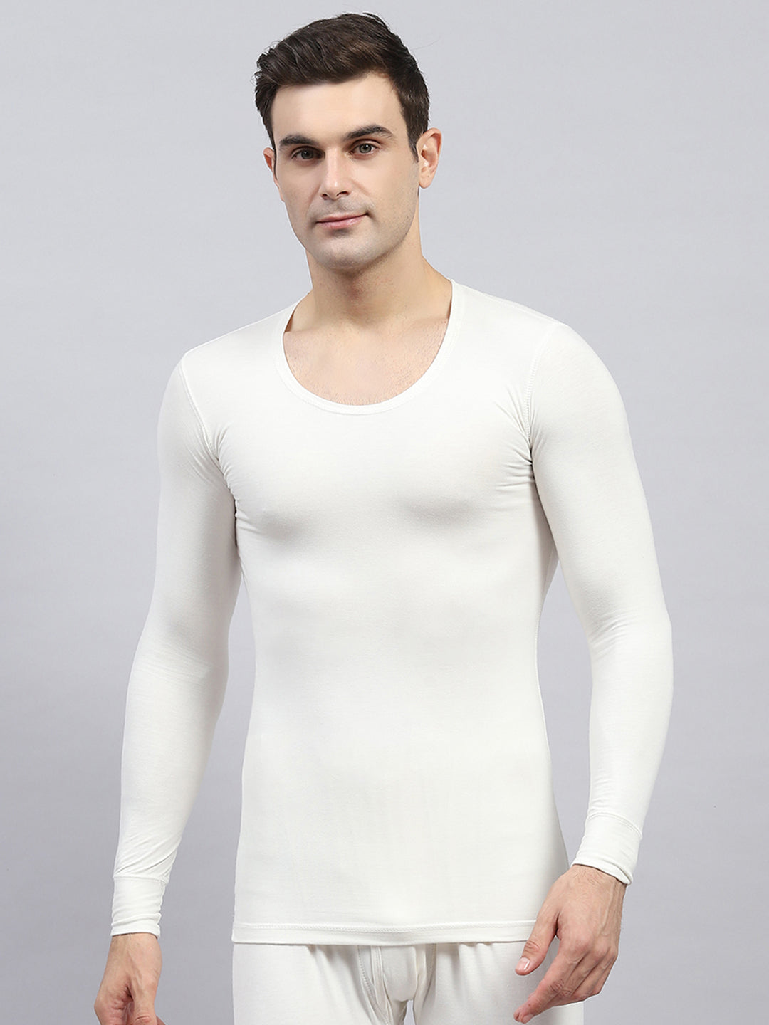 Men White Solid Round Neck Full Sleeve Thermal Vest