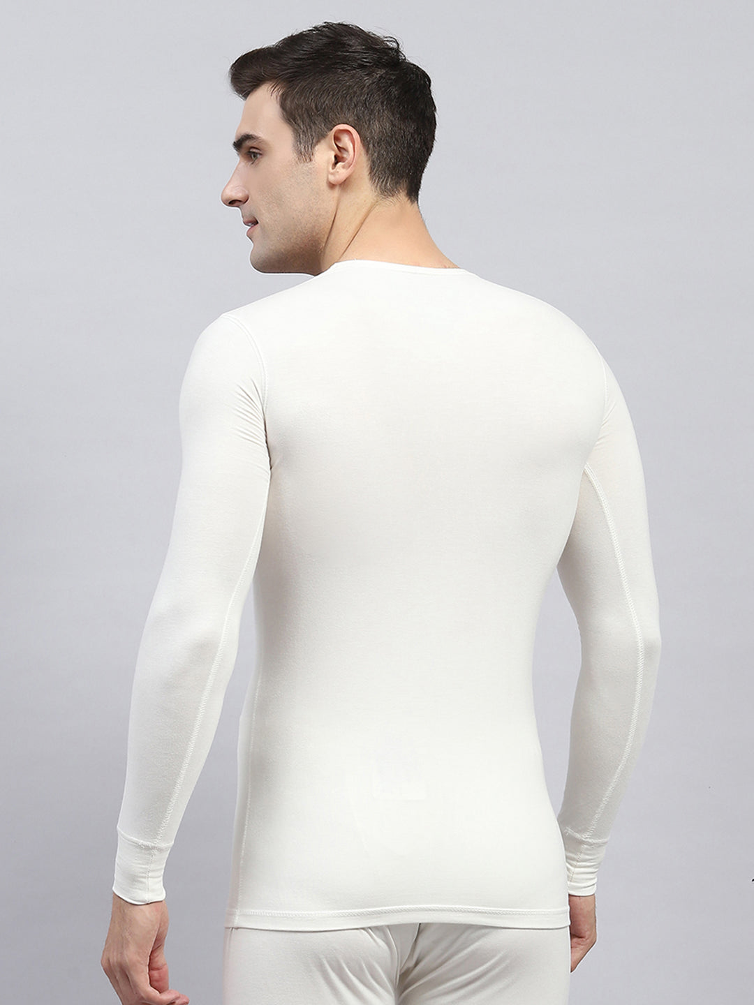 Men White Solid Round Neck Full Sleeve Thermal Vest