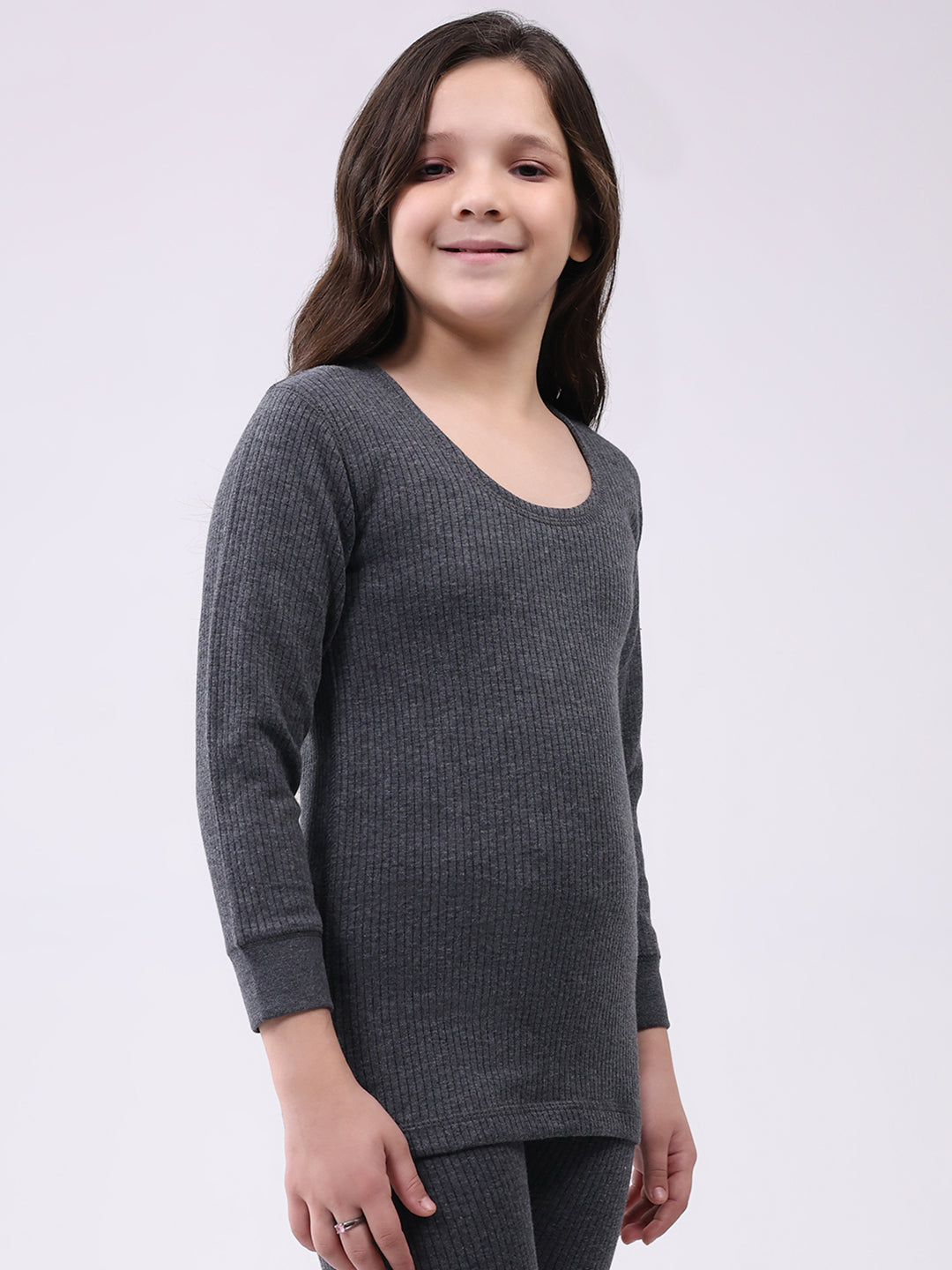 Kids-Unisex Charcoal Solid Round Neck Full Sleeve Thermal Vest
