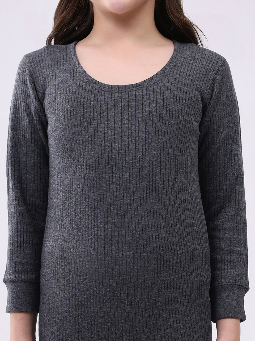 Kids-Unisex Charcoal Solid Round Neck Full Sleeve Thermal Vest
