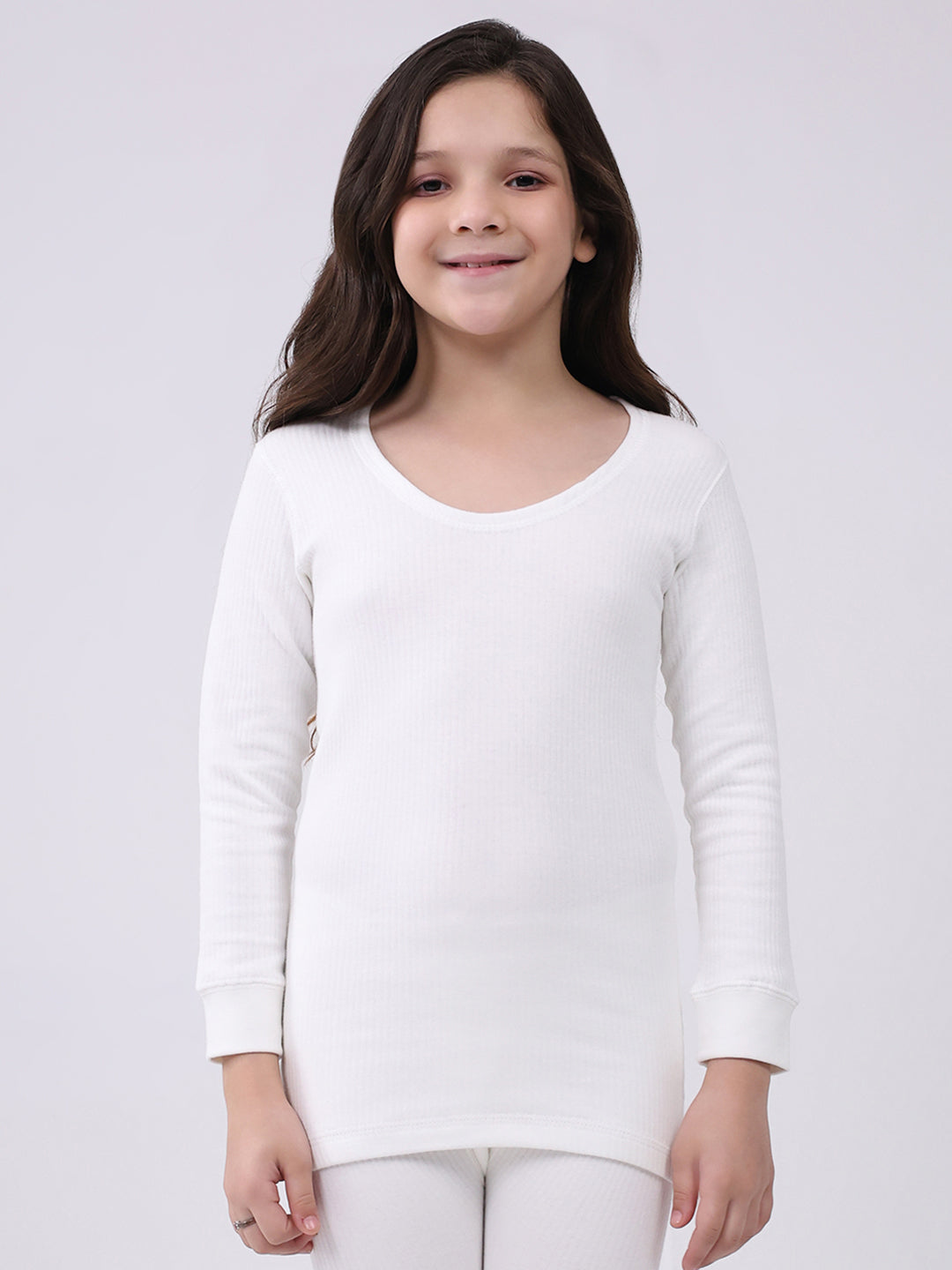 Kids-Unisex White Solid Round Neck Full Sleeve Thermal Vest