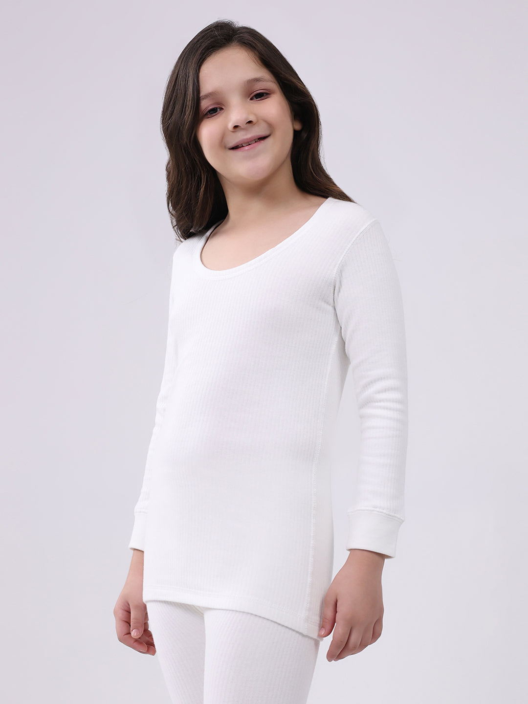 Kids-Unisex White Solid Round Neck Full Sleeve Thermal Vest