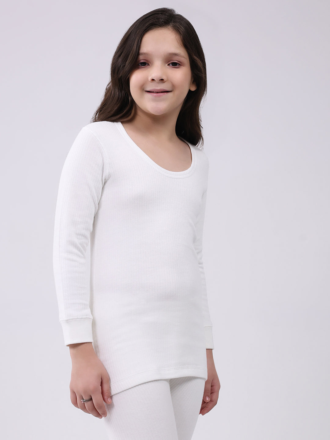 Kids-Unisex White Solid Round Neck Full Sleeve Thermal Vest