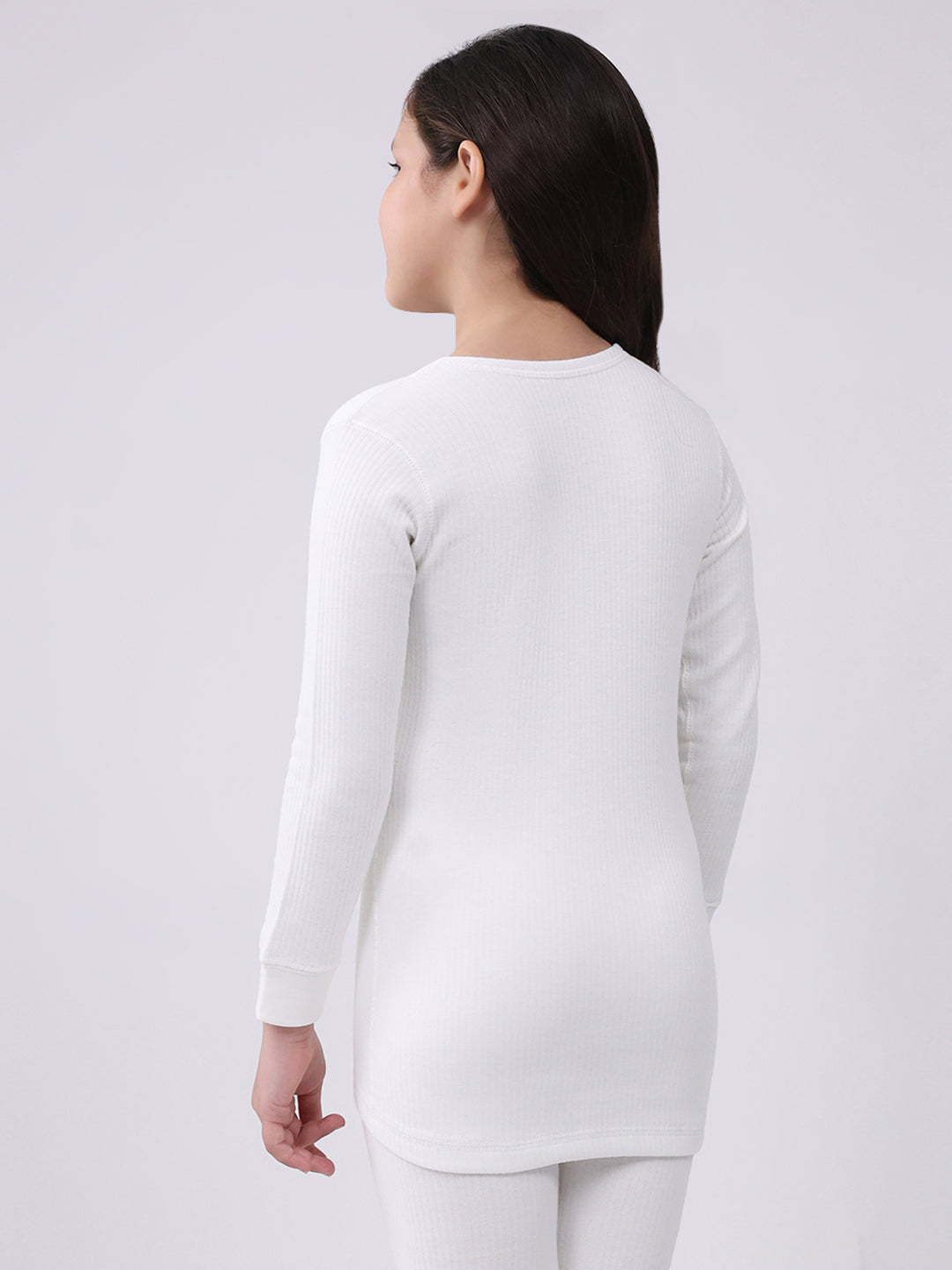 Kids-Unisex White Solid Round Neck Full Sleeve Thermal Vest