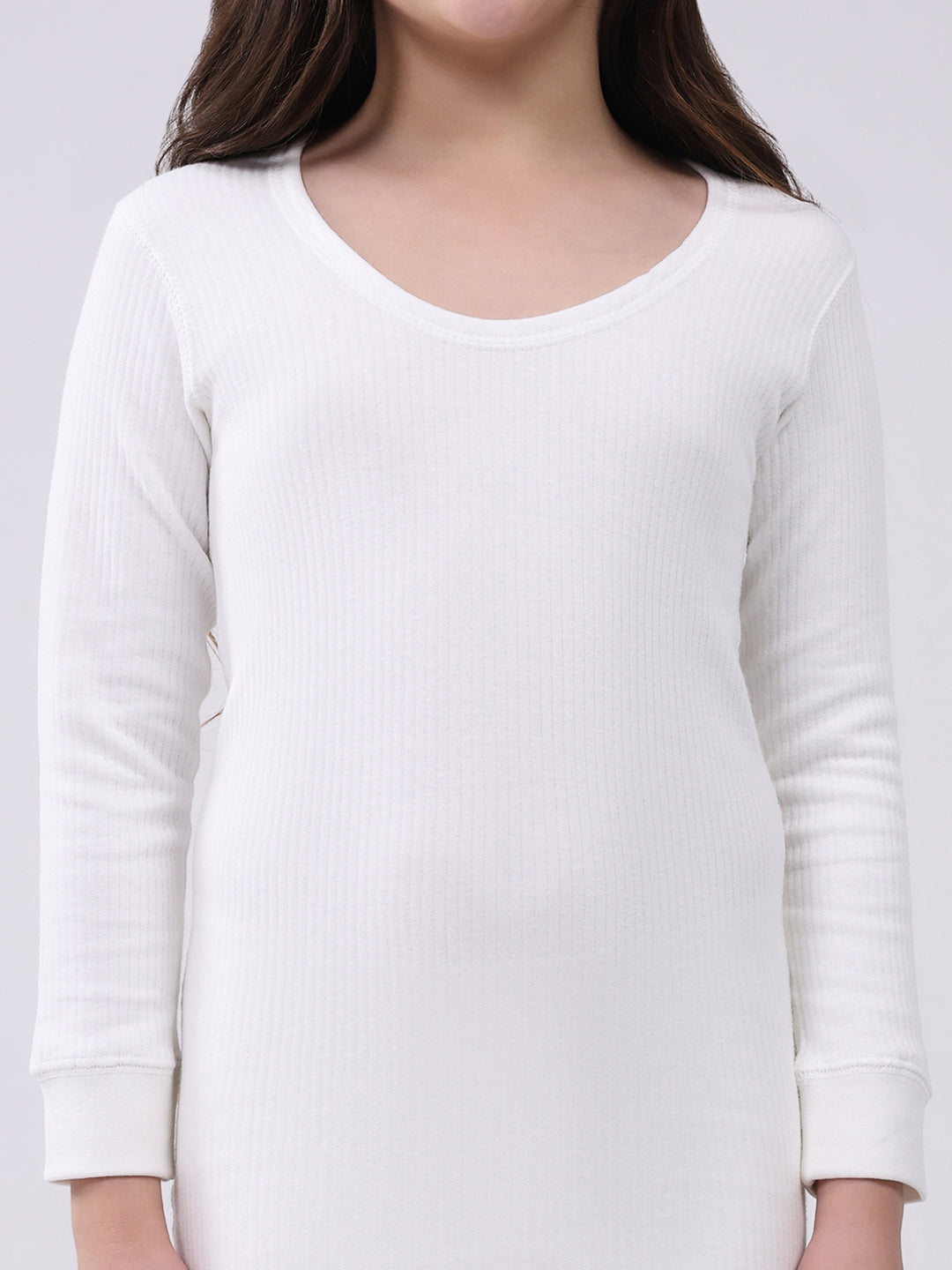 Kids-Unisex White Solid Round Neck Full Sleeve Thermal Vest