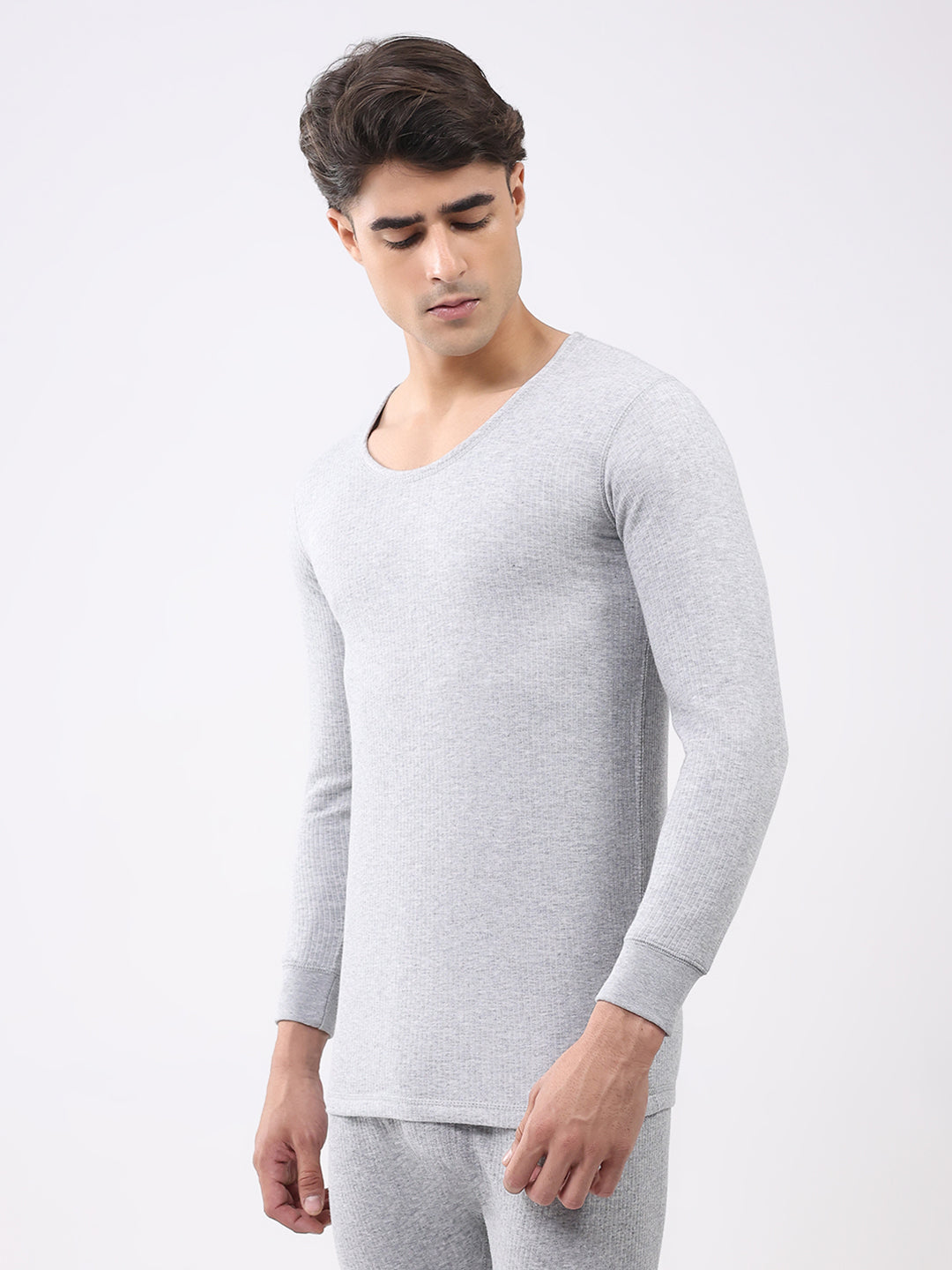 Men Grey Solid Round Neck Full Sleeve Thermal Vest
