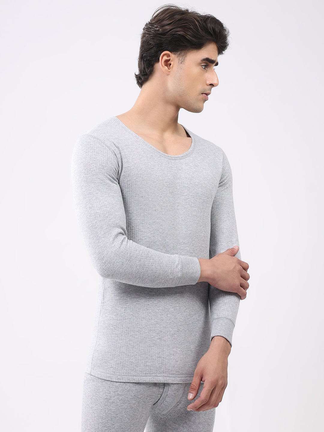 Men Grey Solid Round Neck Full Sleeve Thermal Vest