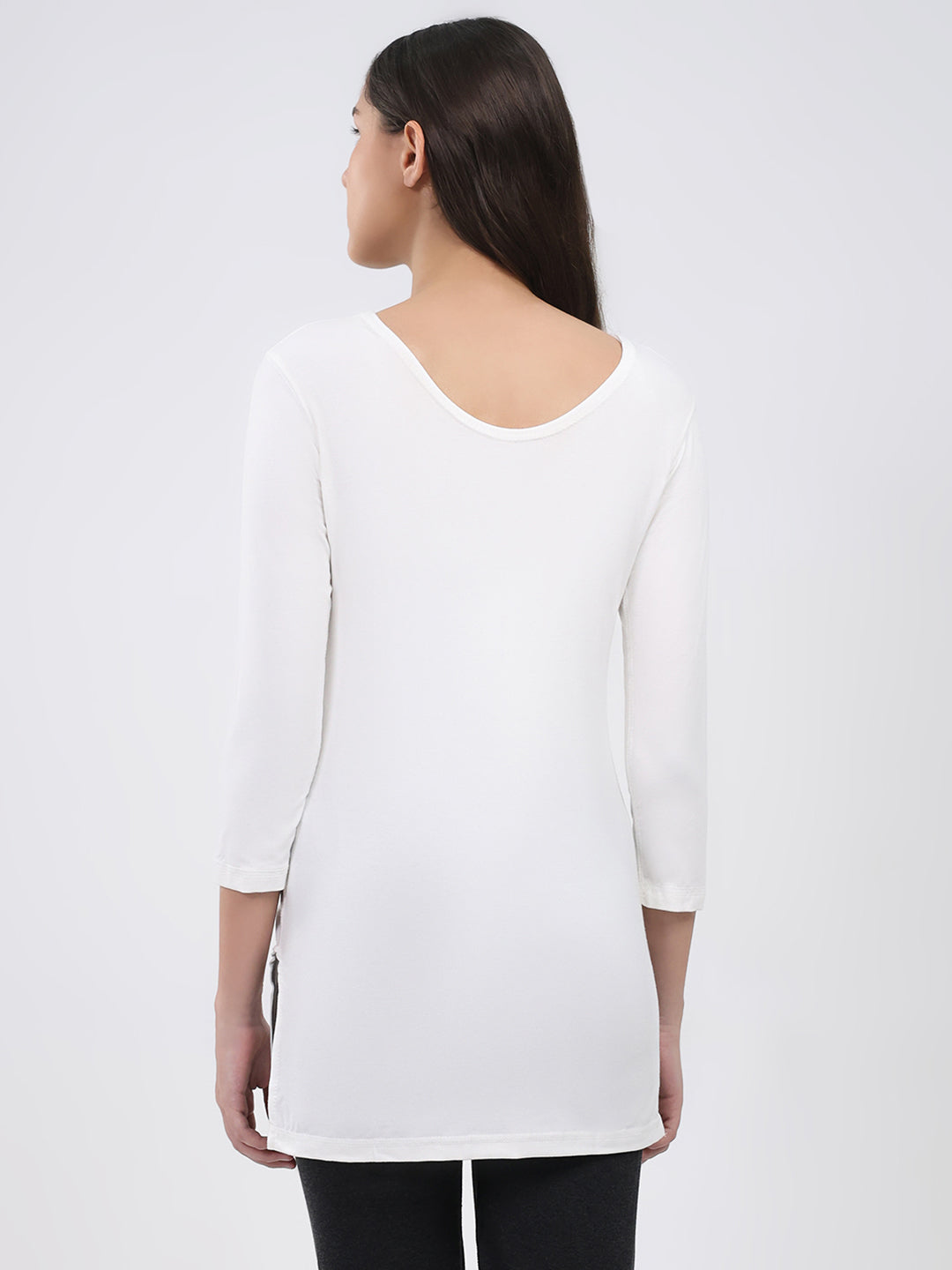 Women White Solid Round Neck 3/4th Sleeve Thermal Vest