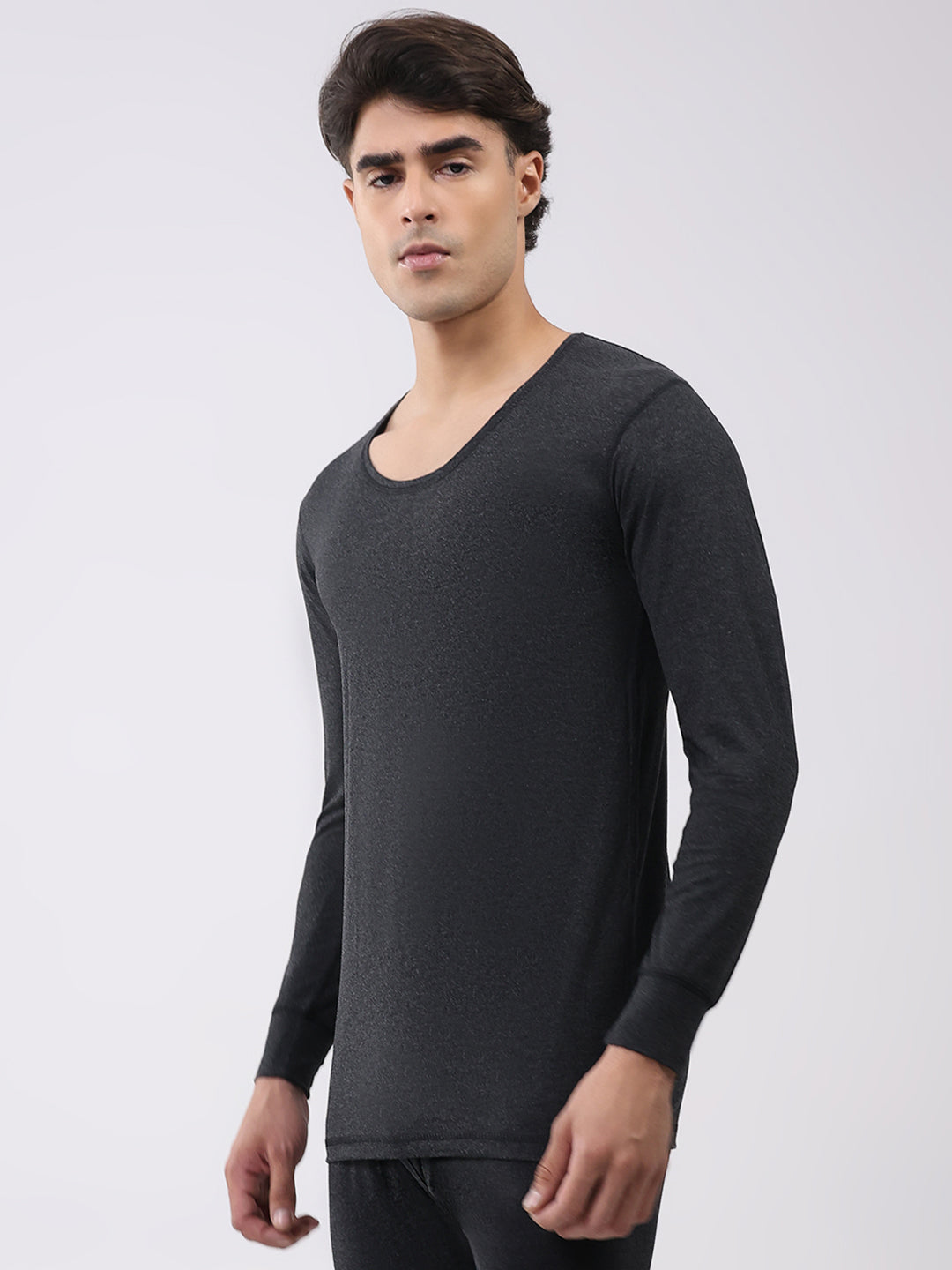 Men Charcoal Solid Round Neck Full Sleeve Thermal Vest