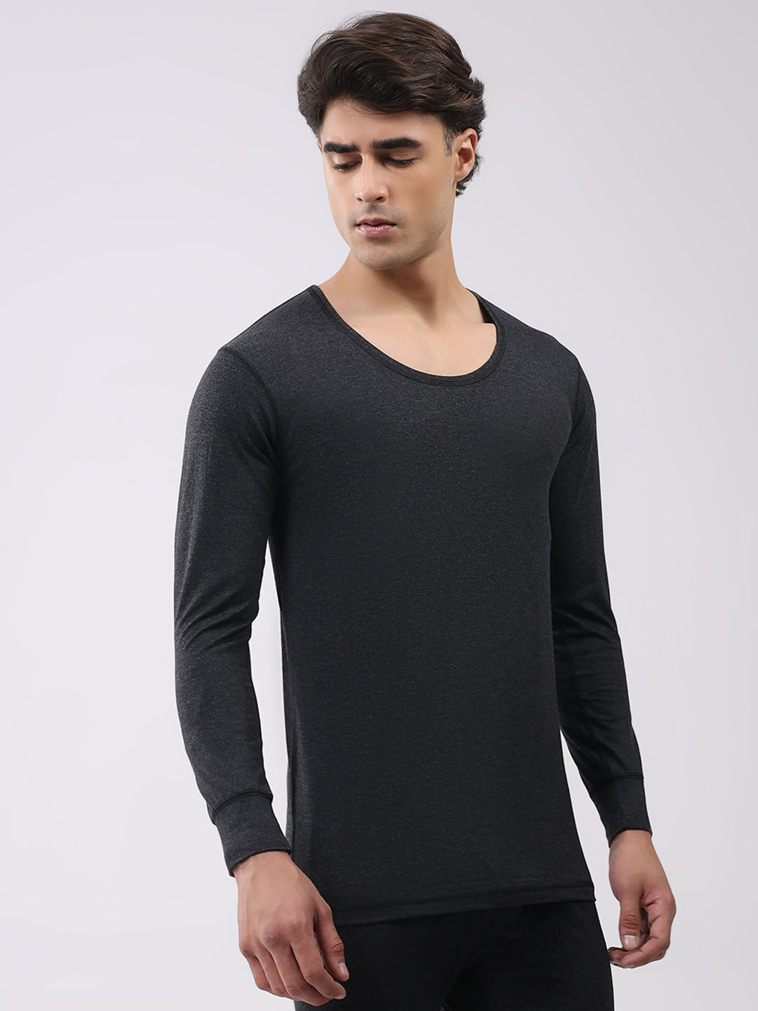 Men Charcoal Solid Round Neck Full Sleeve Thermal Vest
