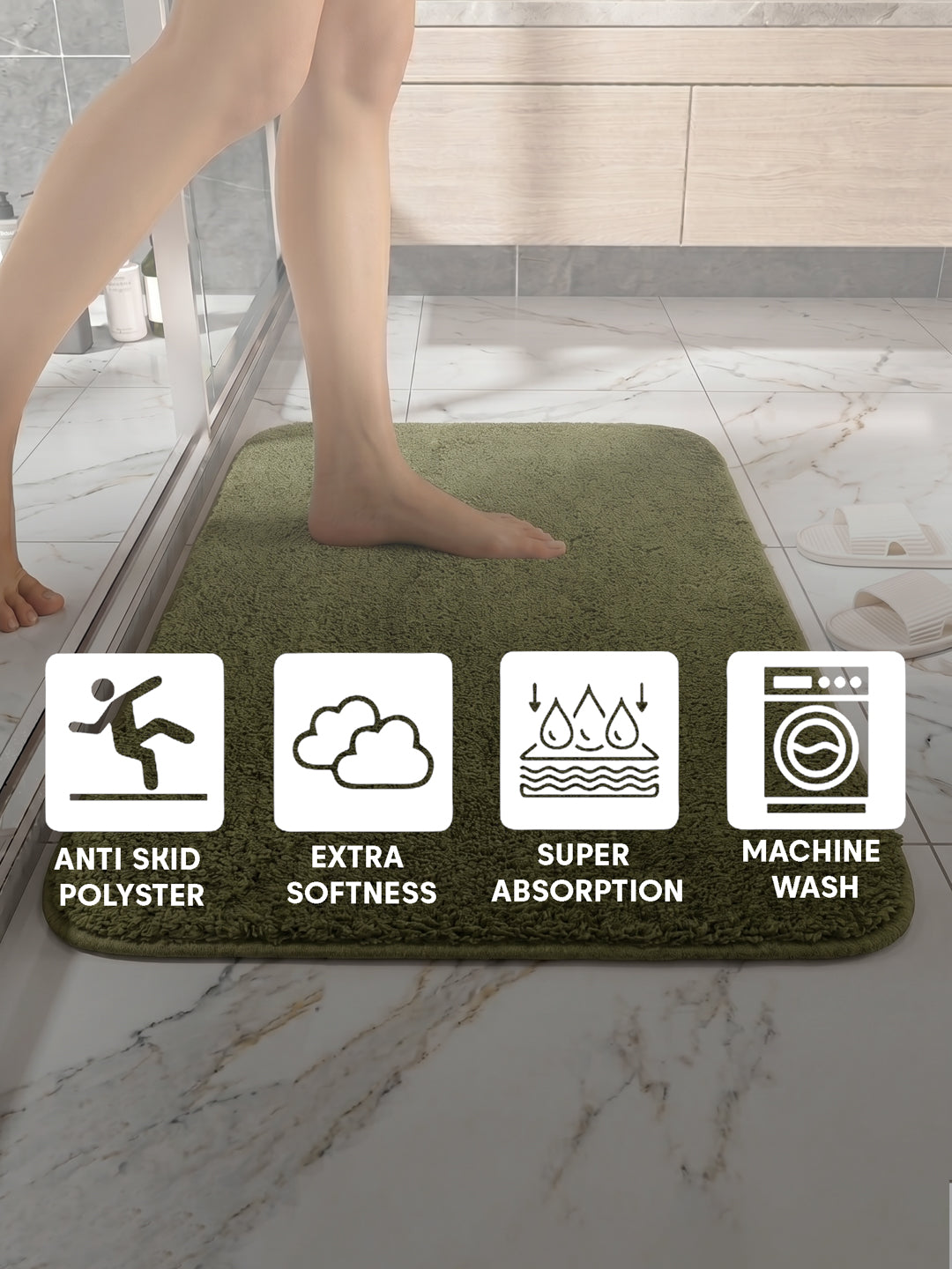 Monte Carlo Olive Solid Polyester 2000 GSM Soft and Absorbent Anti-Skid Bath Mat