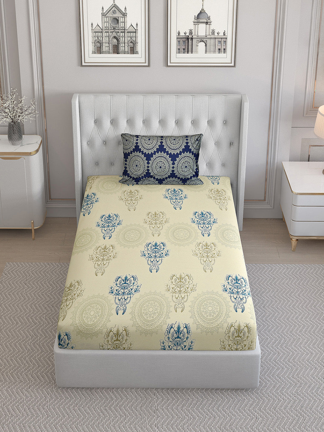144TC Pure Cotton Single Bed 1 Bedsheet with 2 Pillow Covers (Insignia)