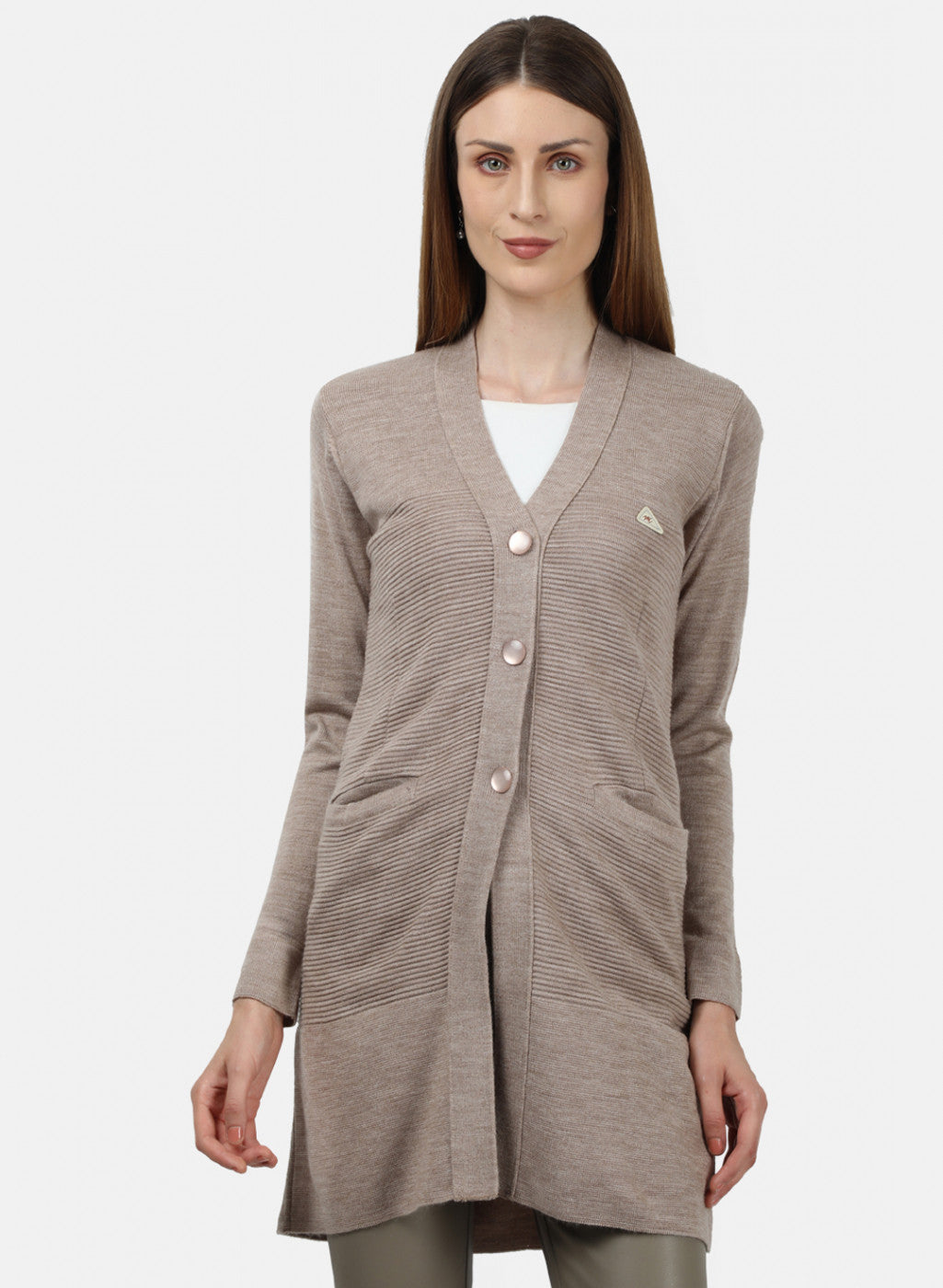 Women Beige Self Design Cardigan