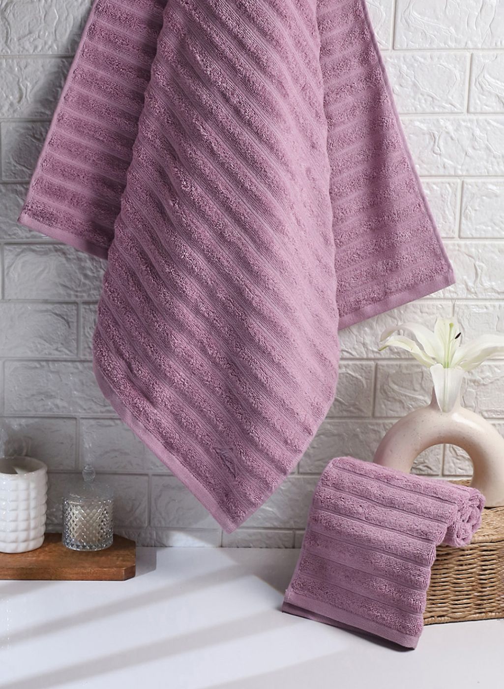 Pink Cotton 525 GSM Towel Set Pack of 2 (1 Bath & 1 Hand Towel)