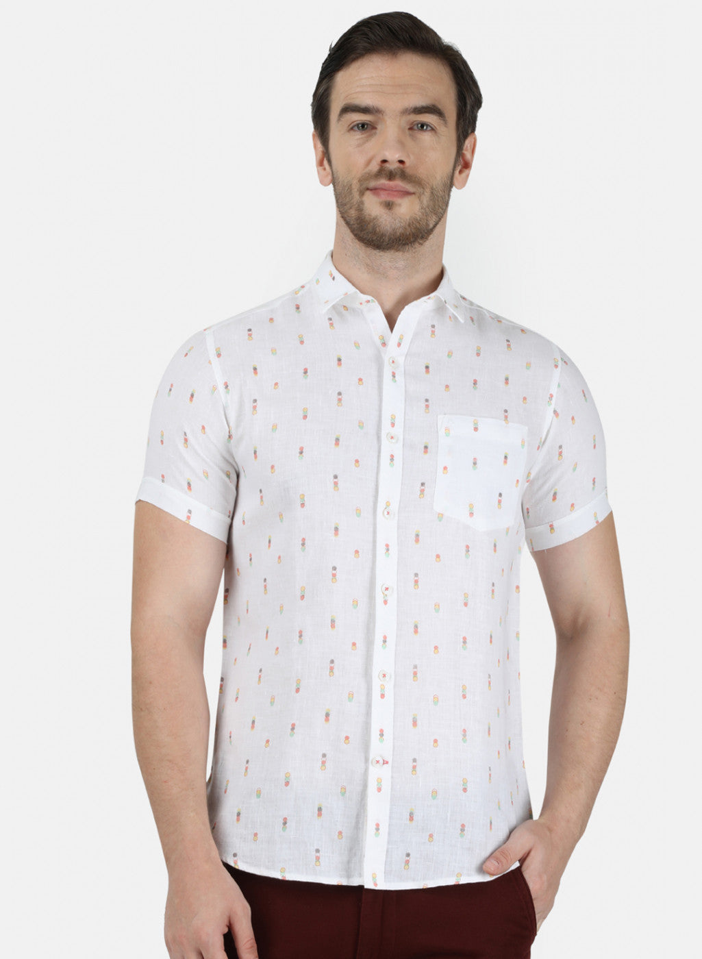 Mens White Printed Linen Shirt