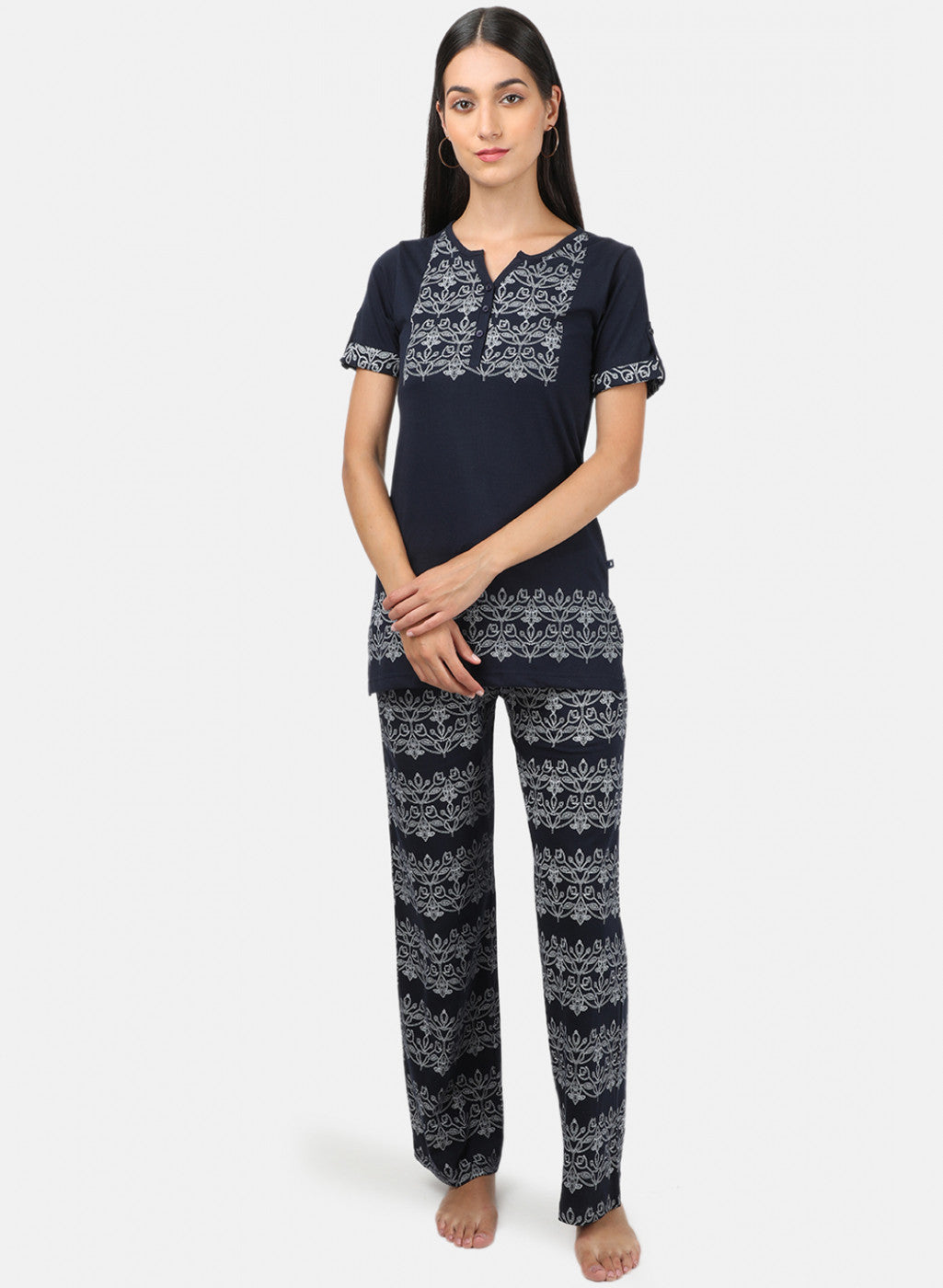Womens Navy Blue Printed Plazoo Set