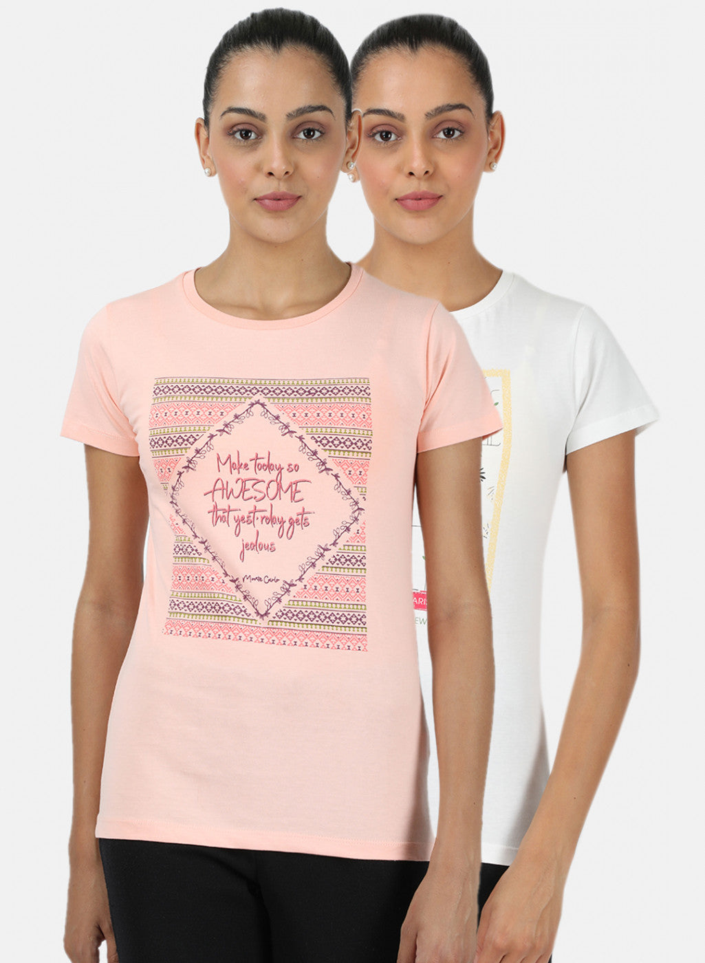 Womens Peach & Off White Printed Top 2Pc Set