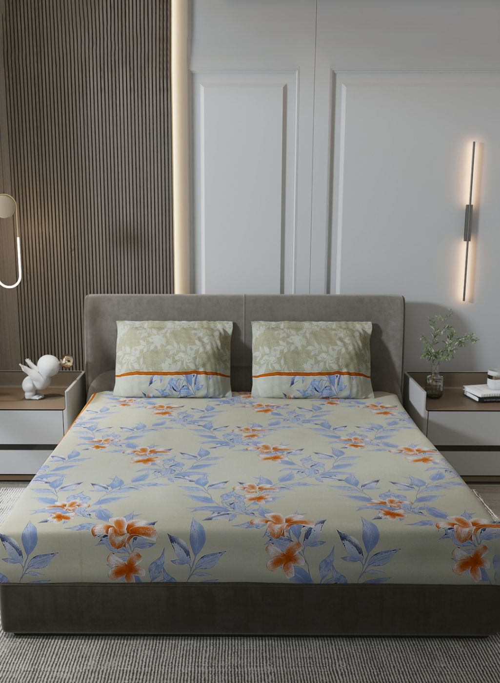 120TC Pure Cotton Queen Bedsheet with 2 Pillow Covers