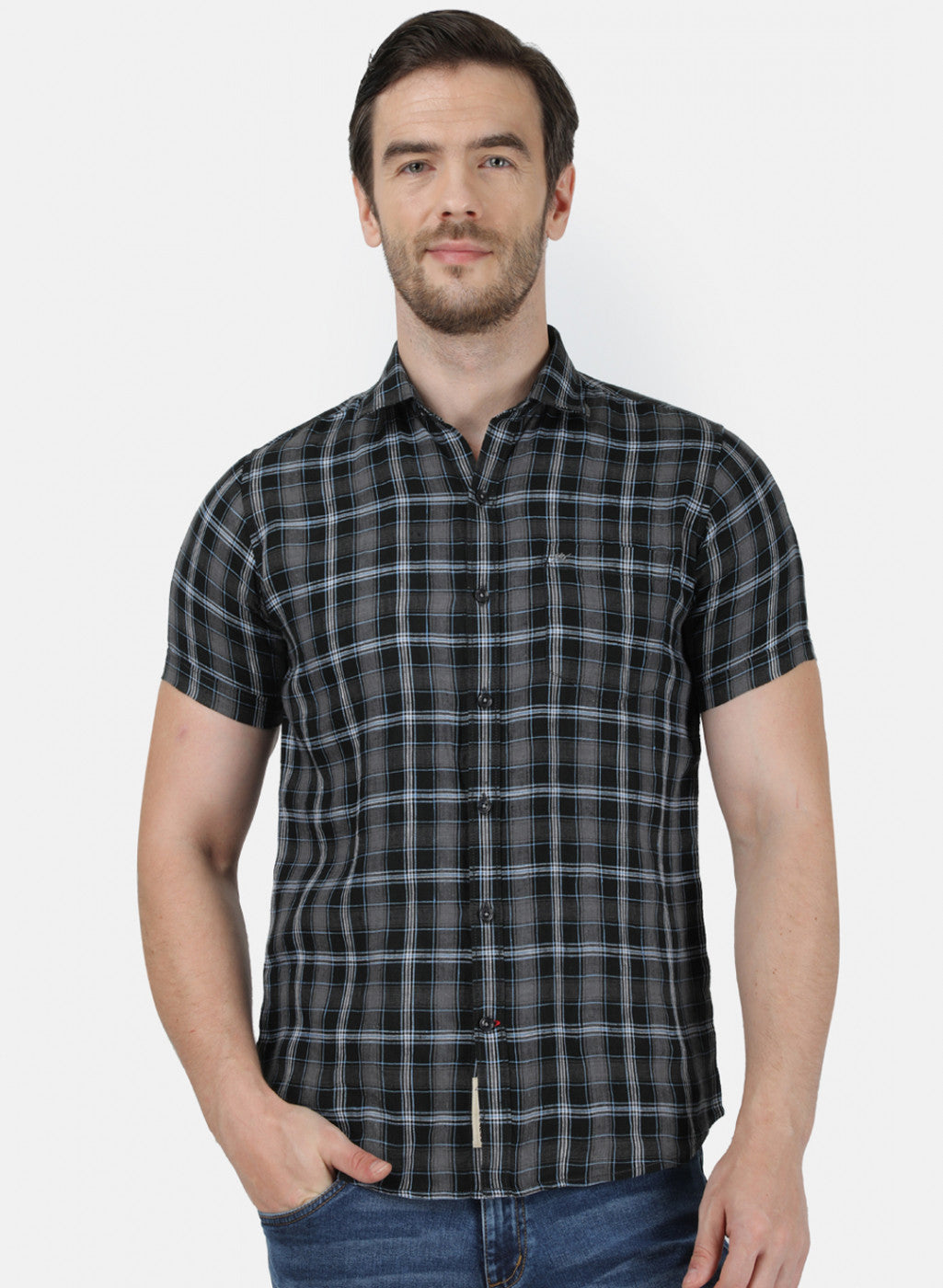 Mens Black Check Linen Shirt