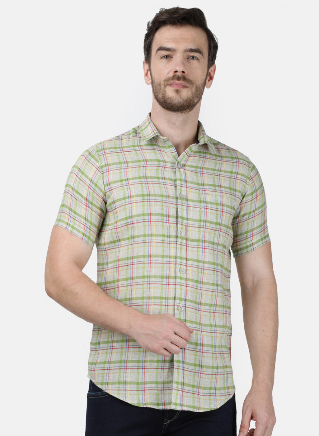 Mens Olive Check Linen Shirt