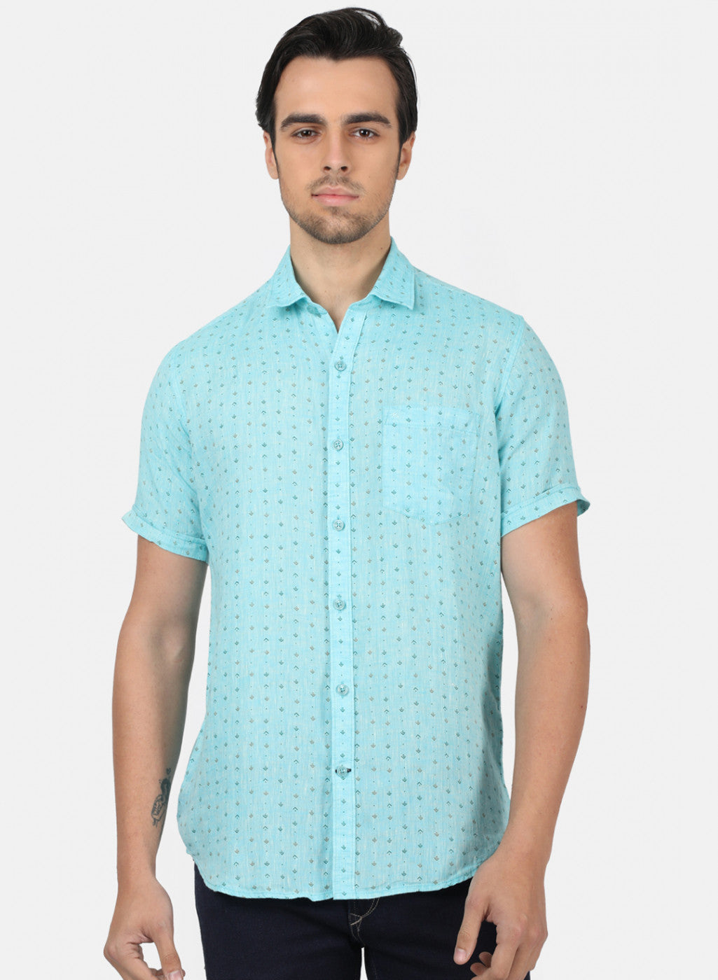 Men Blue Printed Linen Shirt