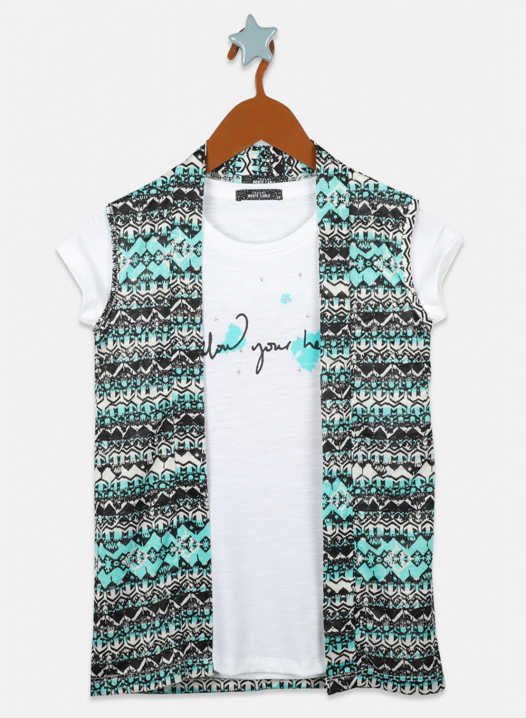 Girls Off White & Green Printed Top