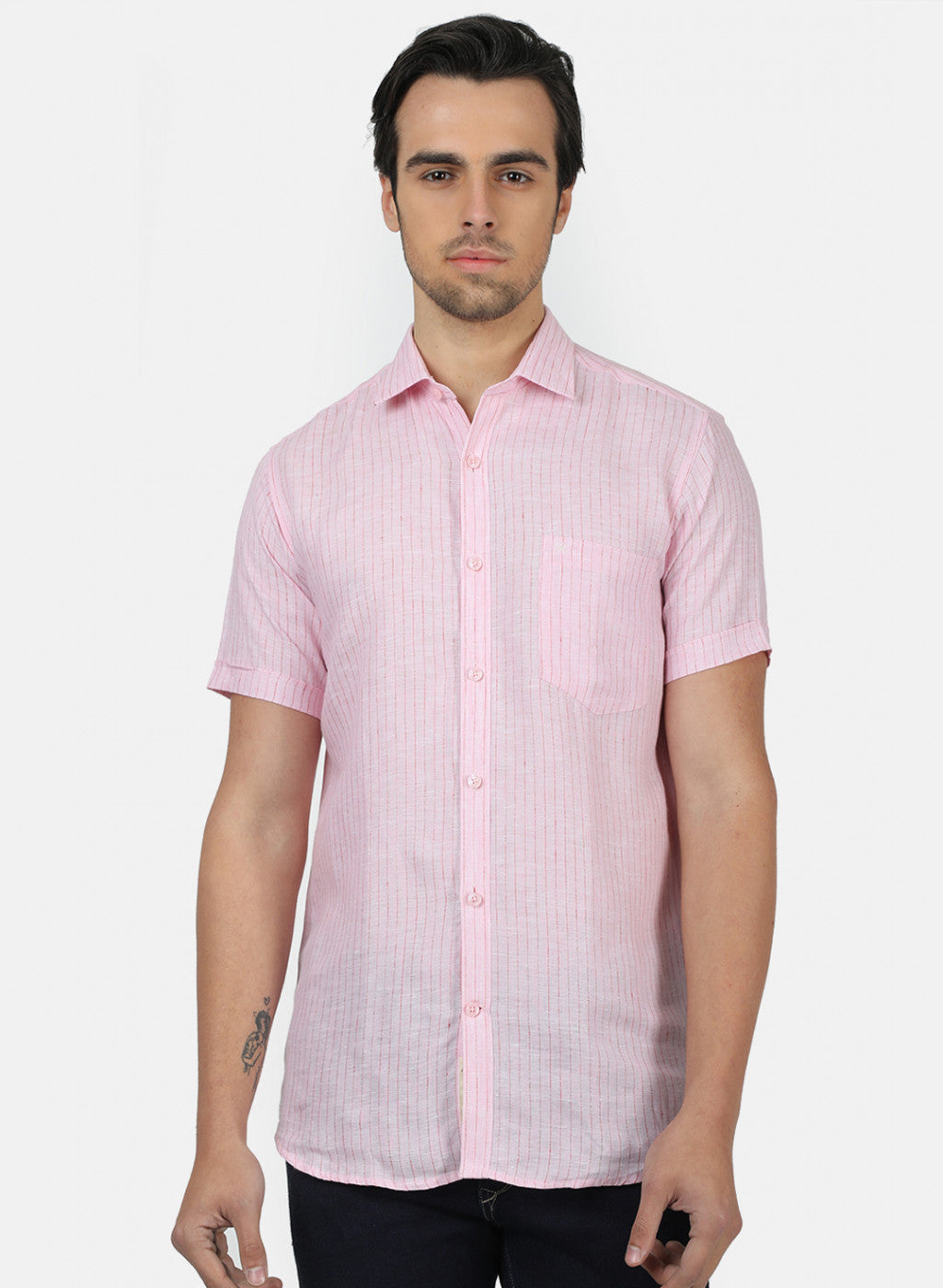 Men Pink Stripe Linen Shirt
