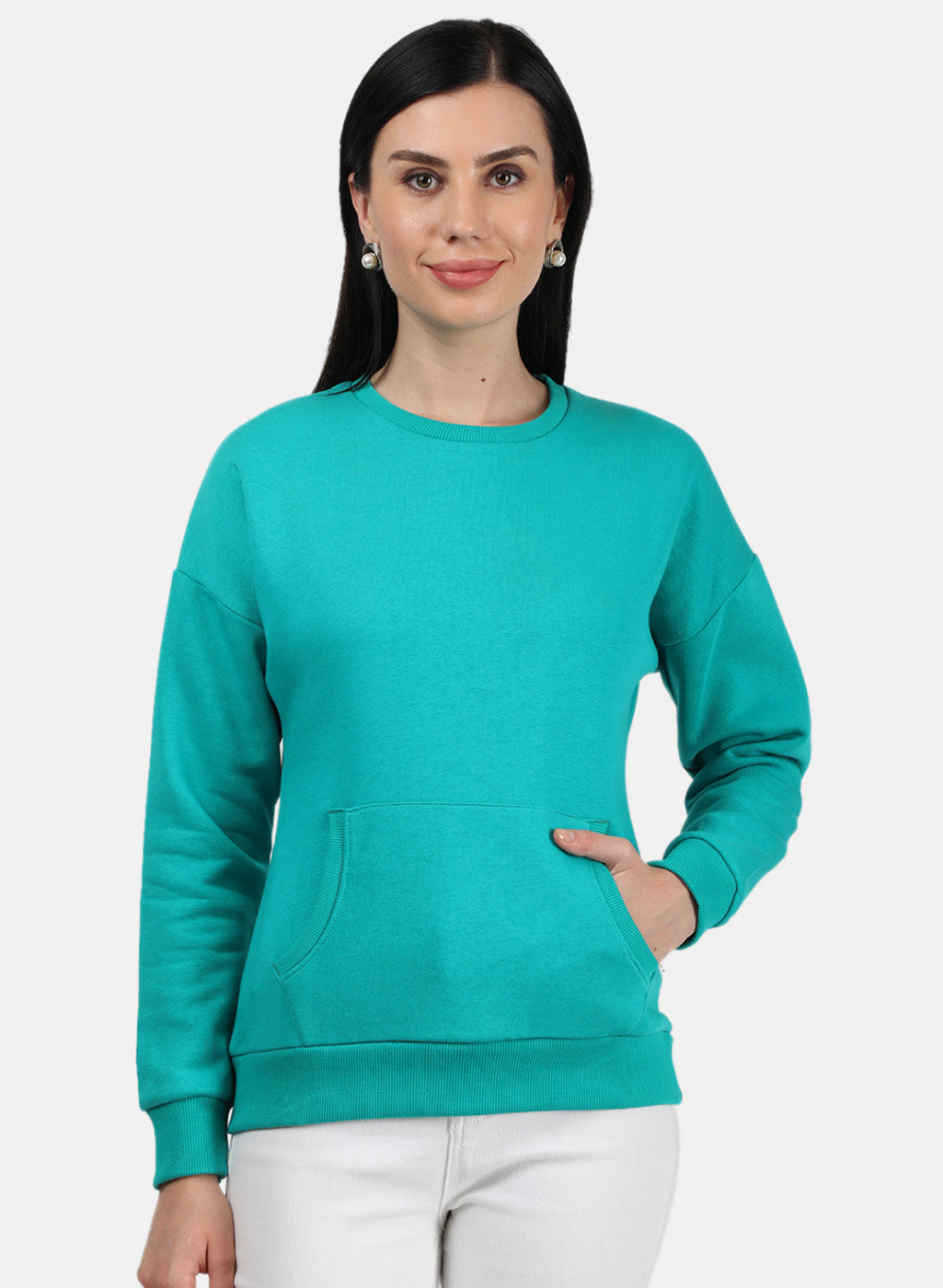 Women Green Plain Sweatshirt
