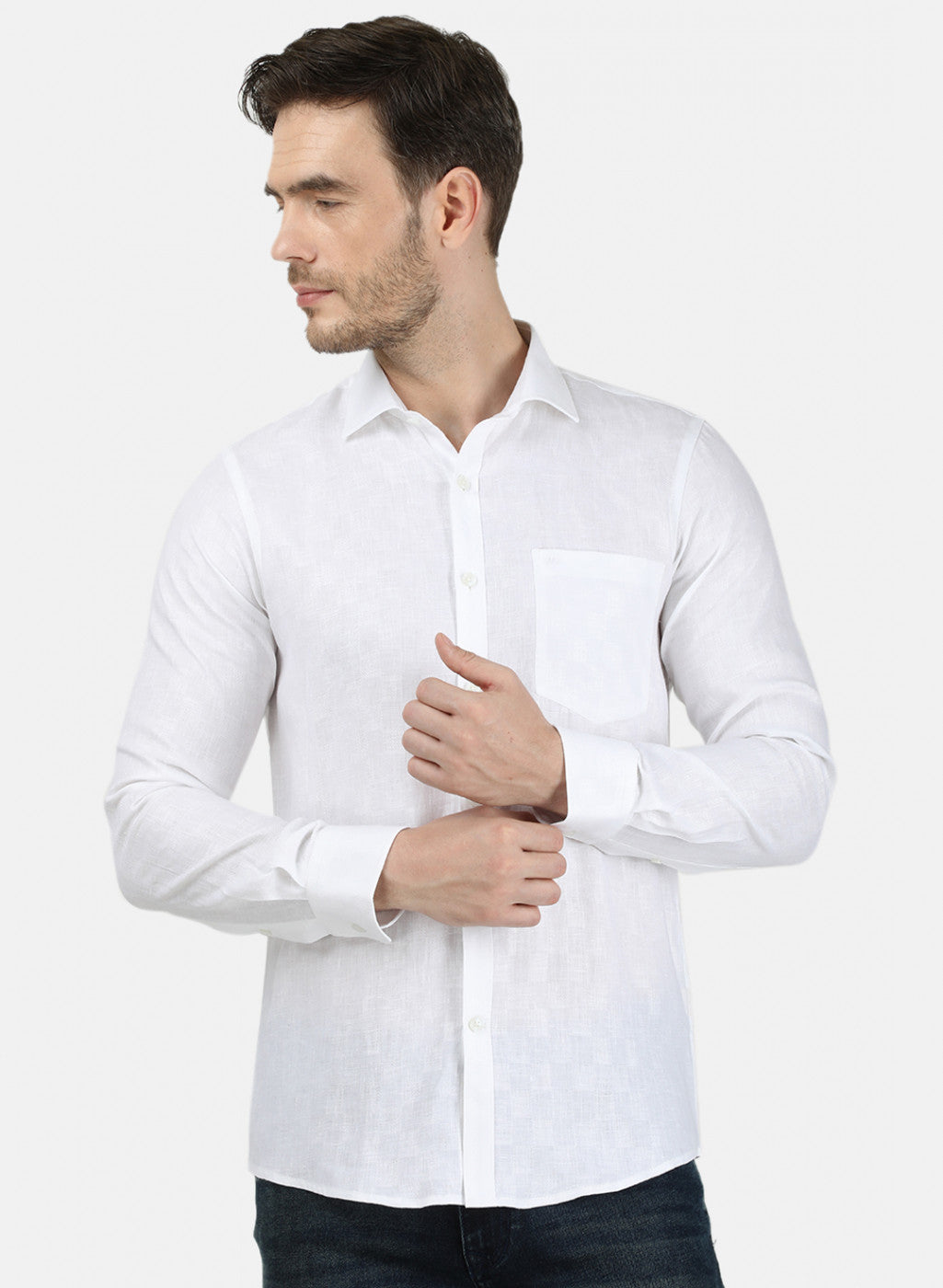 Mens White Self Linen Shirt