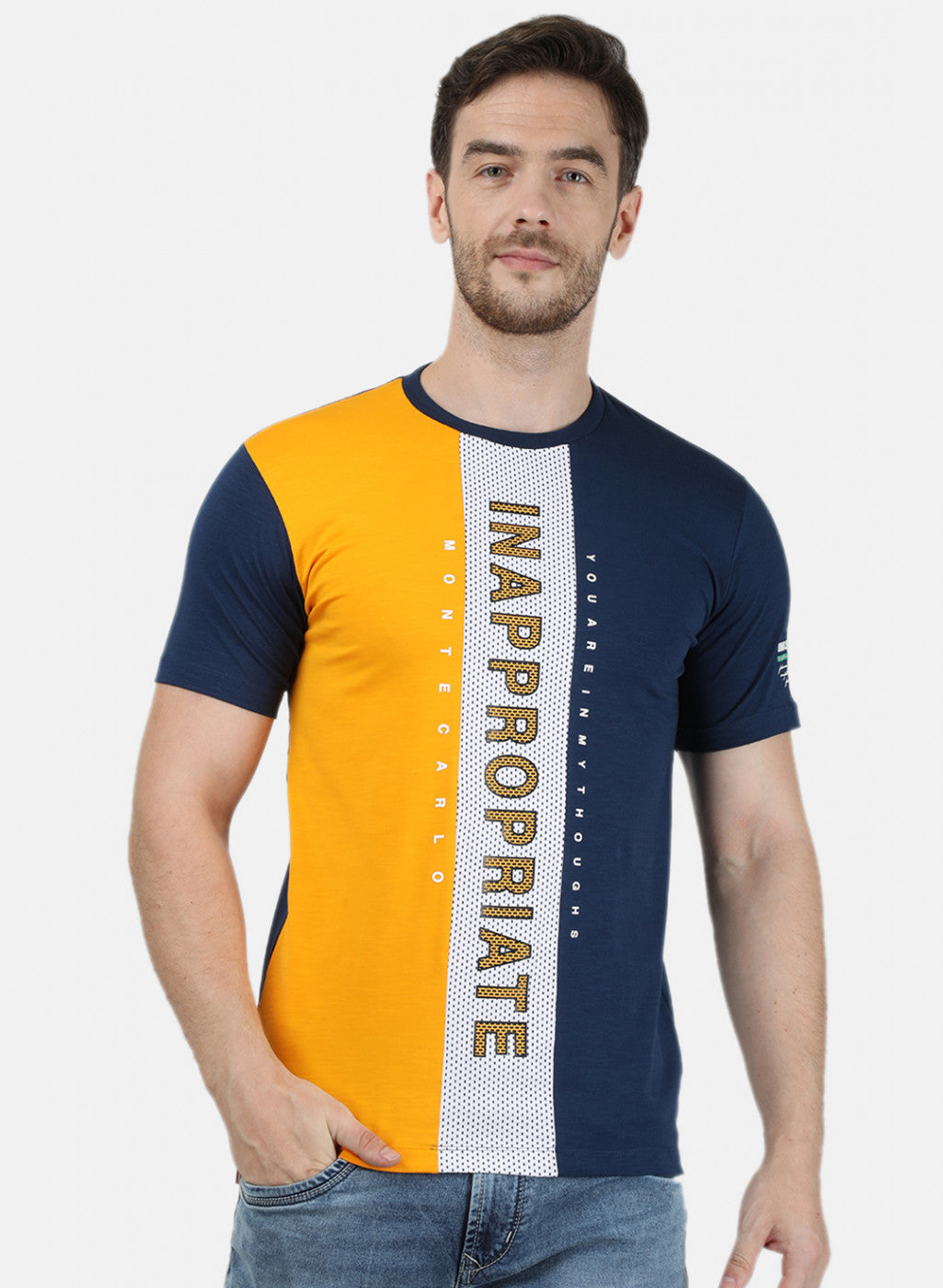 Mens Mustard Printed Round Neck T-Shirts