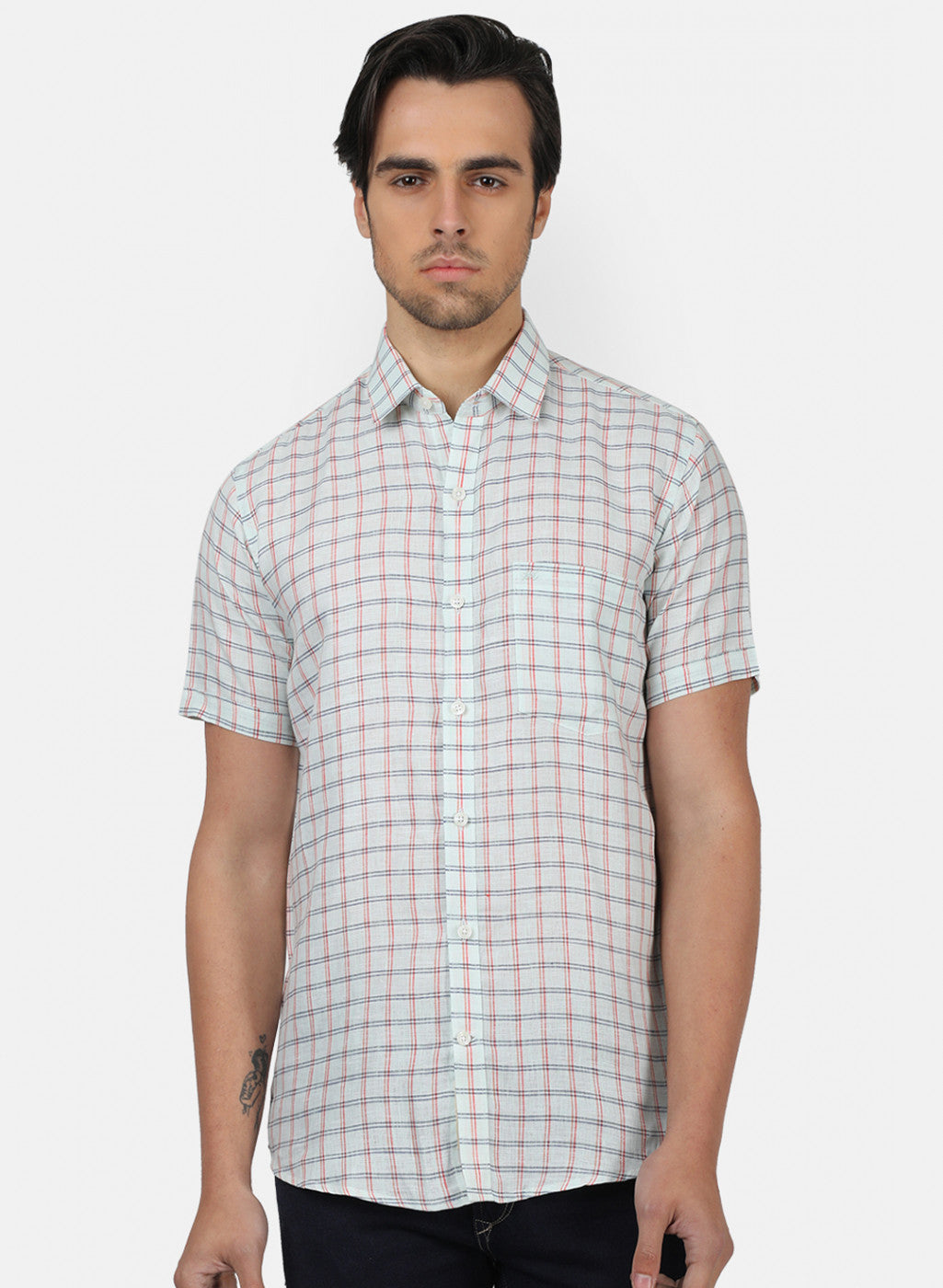 Men Light Green Check Linen Shirt
