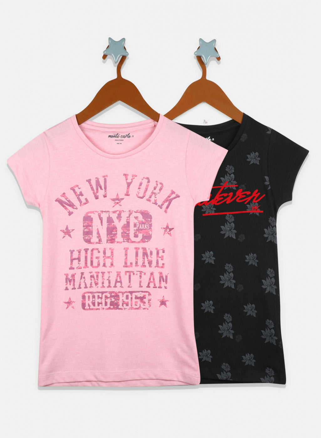 Girls Black & Pink Printed Top 2 Pc