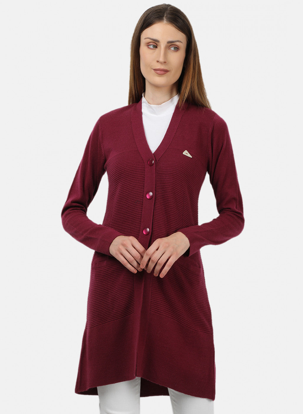 Women Maroon Self Design Cardigan