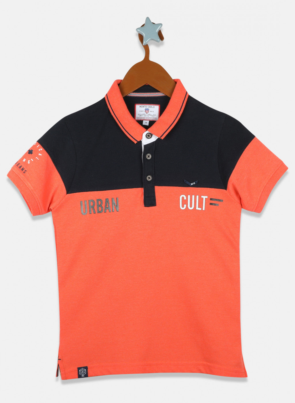 Boys Orange & Navy Blue Printed T-Shirt