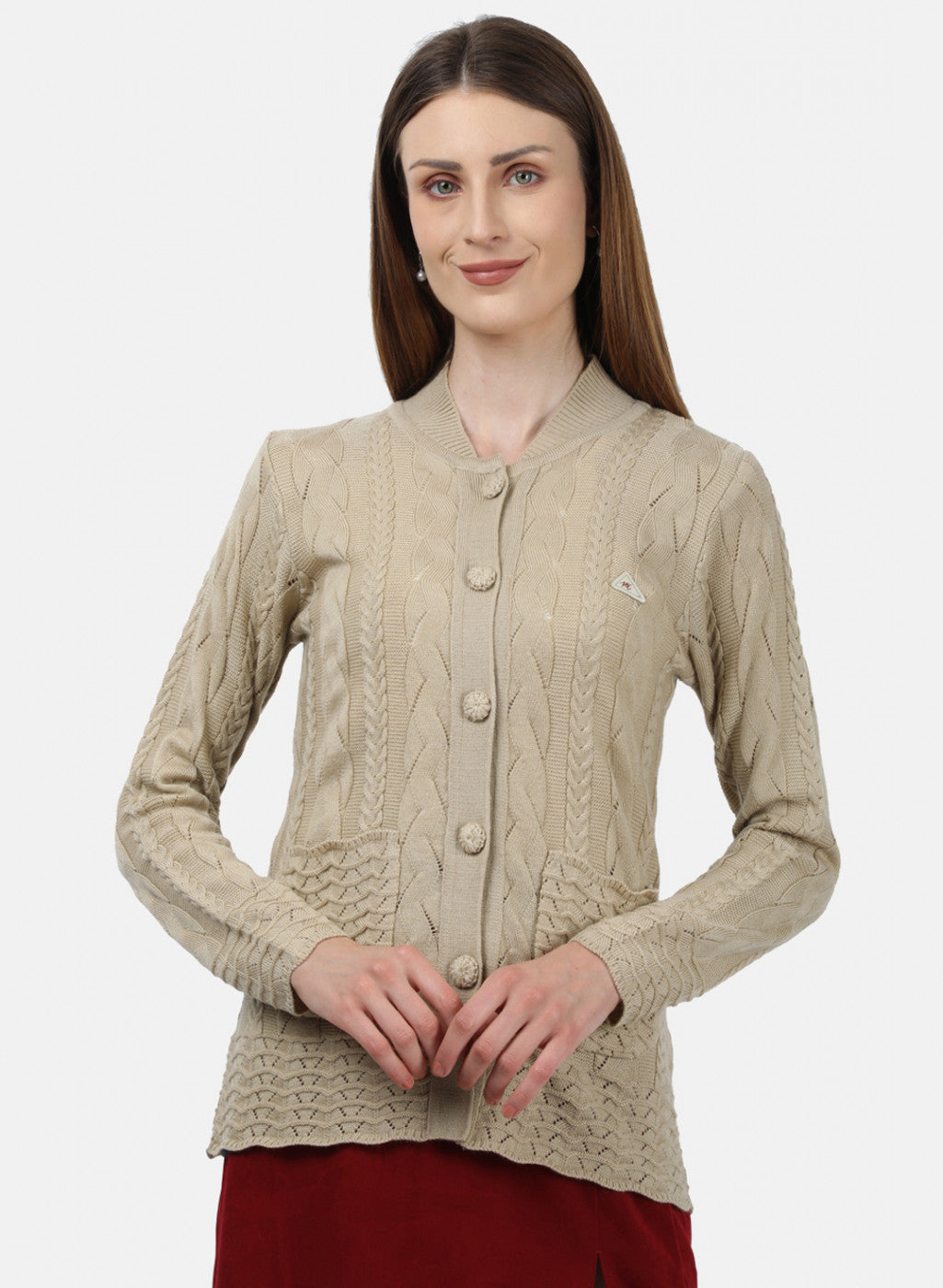 Women Beige Self Design Cardigan