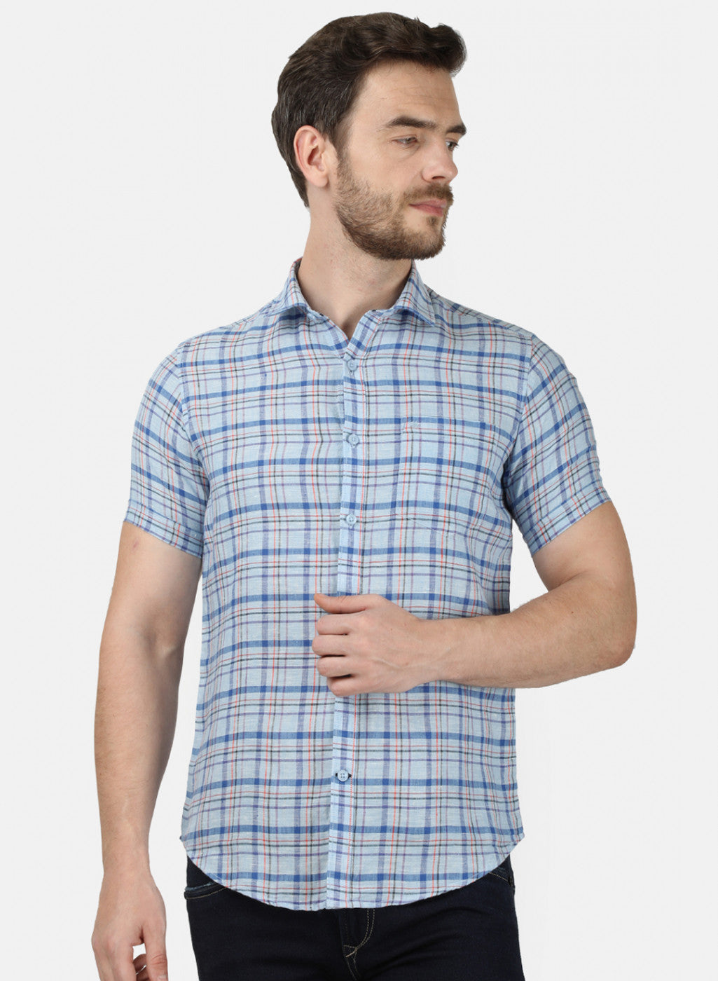 Mens Sky Blue Check Linen Shirt