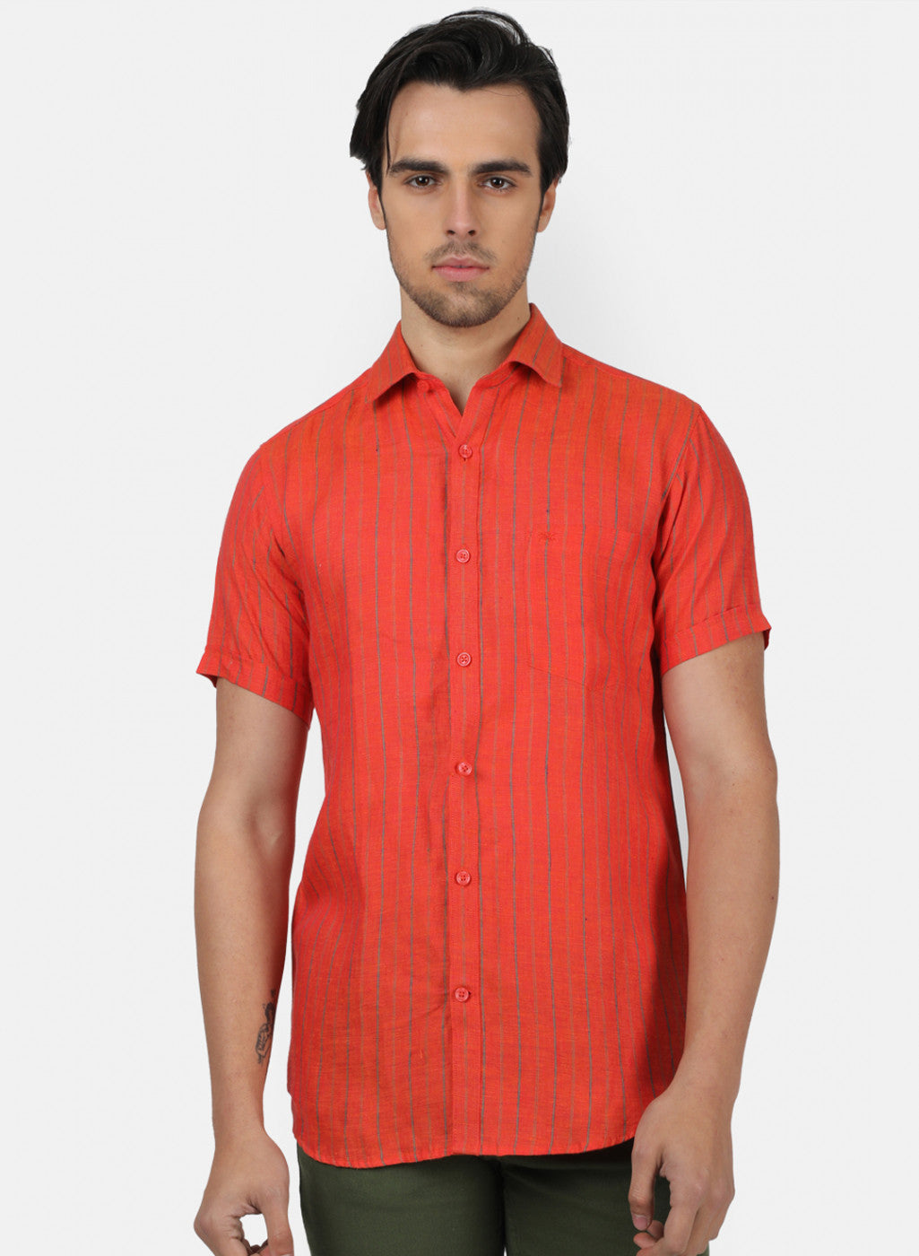 Men Red Stripe Linen Shirt